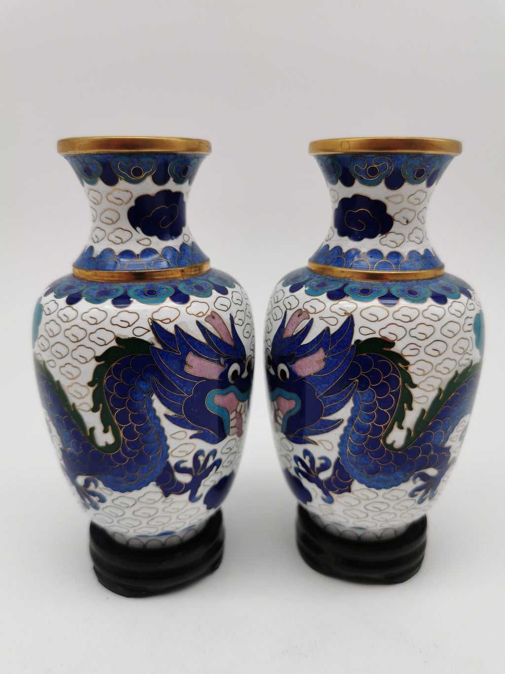 Vintage Pair of Chinese Cloisonné White Ground 5-Clawed Imperial Dragon/ Vases with Wooden Stands - 5.1"