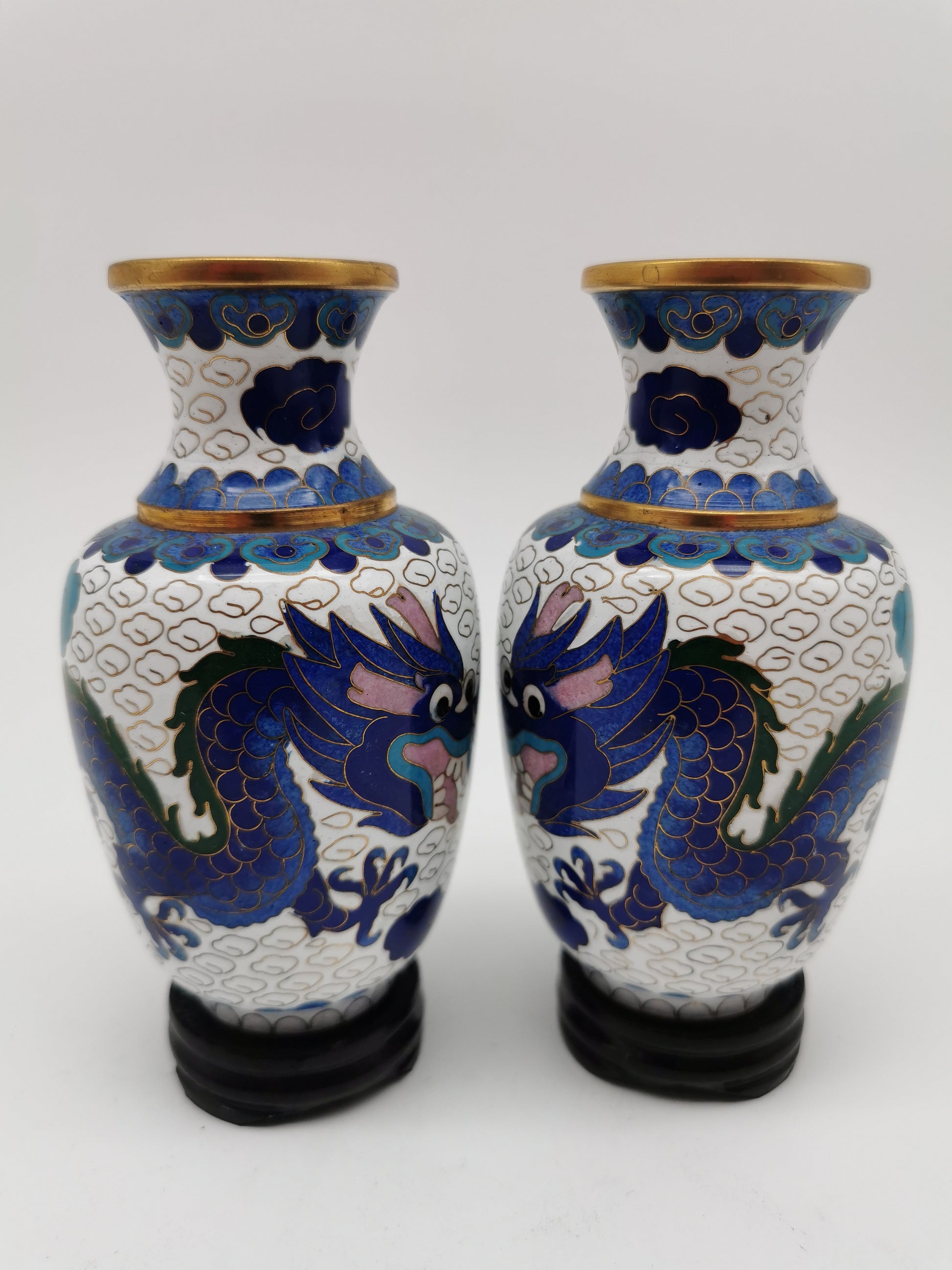Vintage Pair of Chinese Cloisonné White Ground 5-Clawed Imperial Dragon/ Vases with Wooden Stands - 5.1"