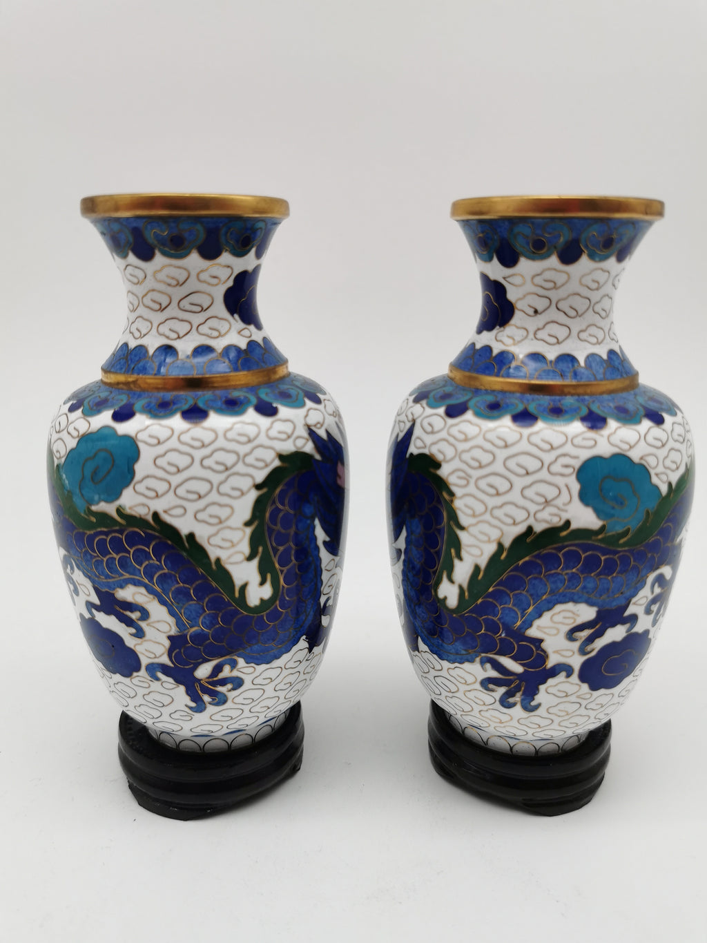 Vintage Pair of Chinese Cloisonné White Ground 5-Clawed Imperial Dragon/ Vases with Wooden Stands - 5.1"