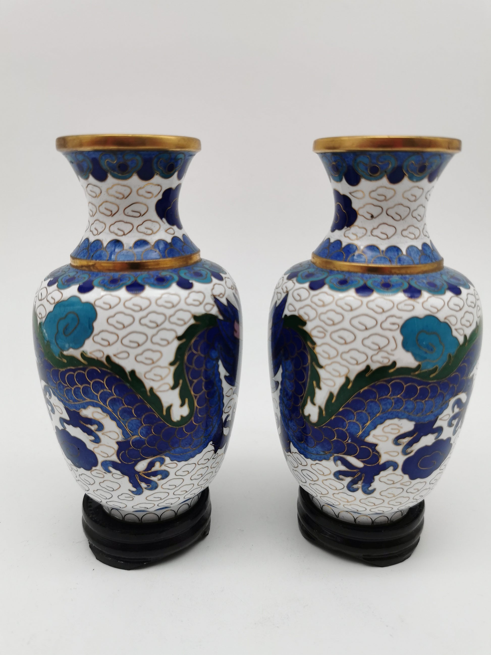 Vintage Pair of Chinese Cloisonné White Ground 5-Clawed Imperial Dragon/ Vases with Wooden Stands - 5.1"