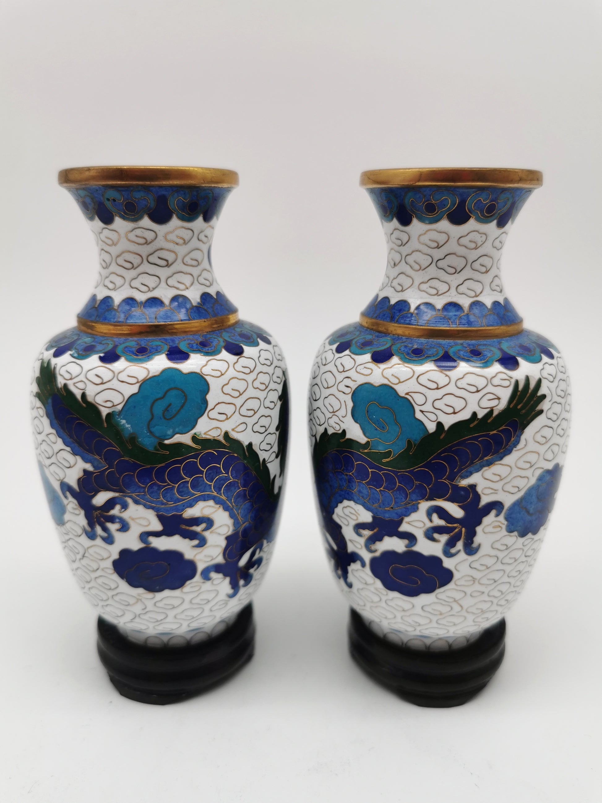 Vintage Pair of Chinese Cloisonné White Ground 5-Clawed Imperial Dragon/ Vases with Wooden Stands - 5.1"