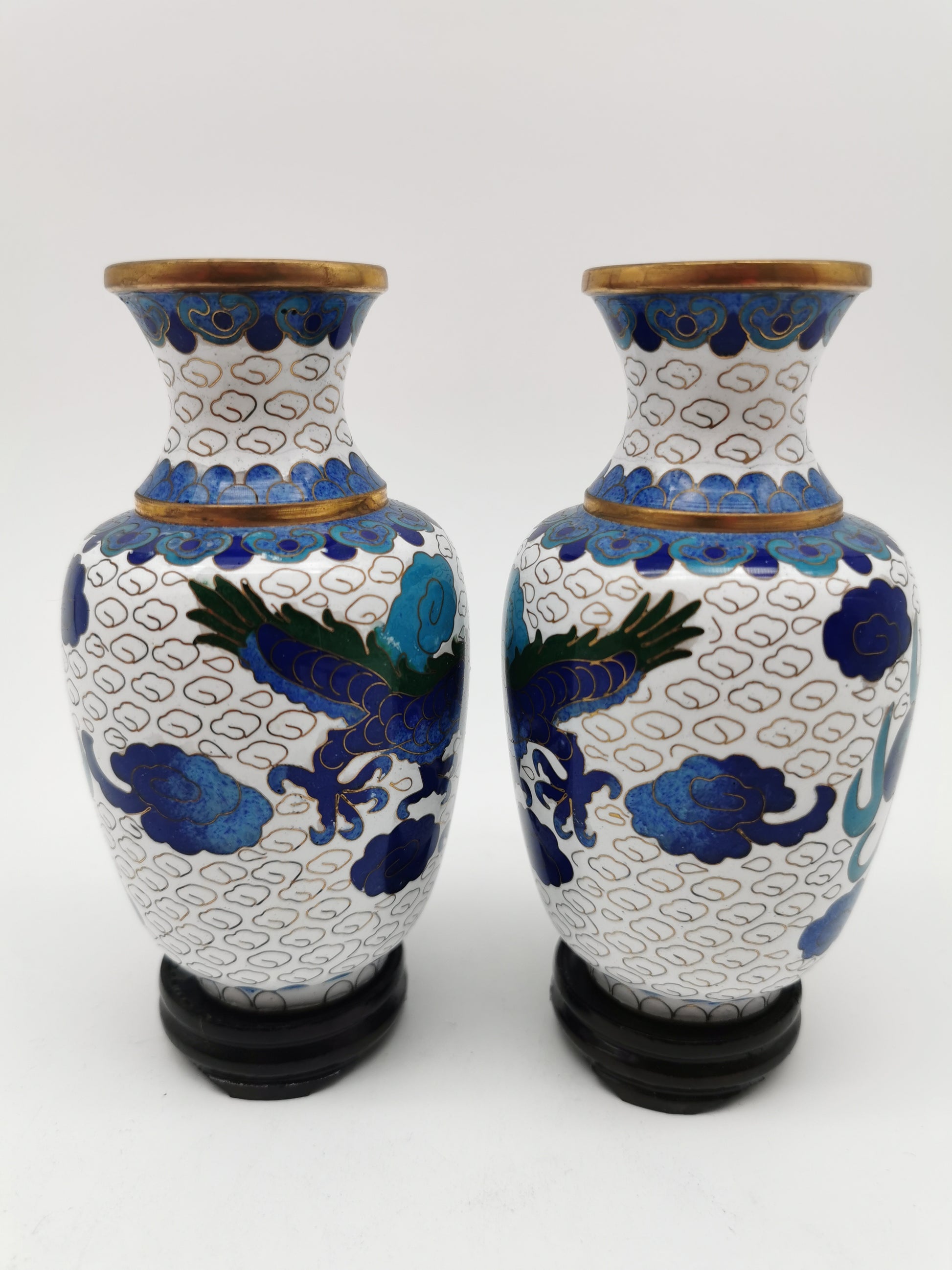 Vintage Pair of Chinese Cloisonné White Ground 5-Clawed Imperial Dragon/ Vases with Wooden Stands - 5.1"