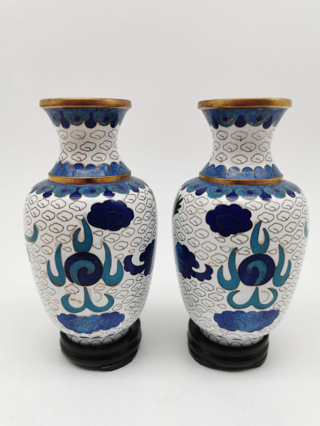 Vintage Pair of Chinese Cloisonné White Ground 5-Clawed Imperial Dragon/ Vases with Wooden Stands - 5.1"