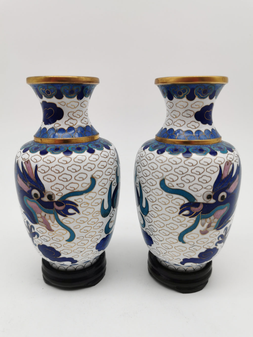 Vintage Pair of Chinese Cloisonné White Ground 5-Clawed Imperial Dragon/ Vases with Wooden Stands - 5.1"