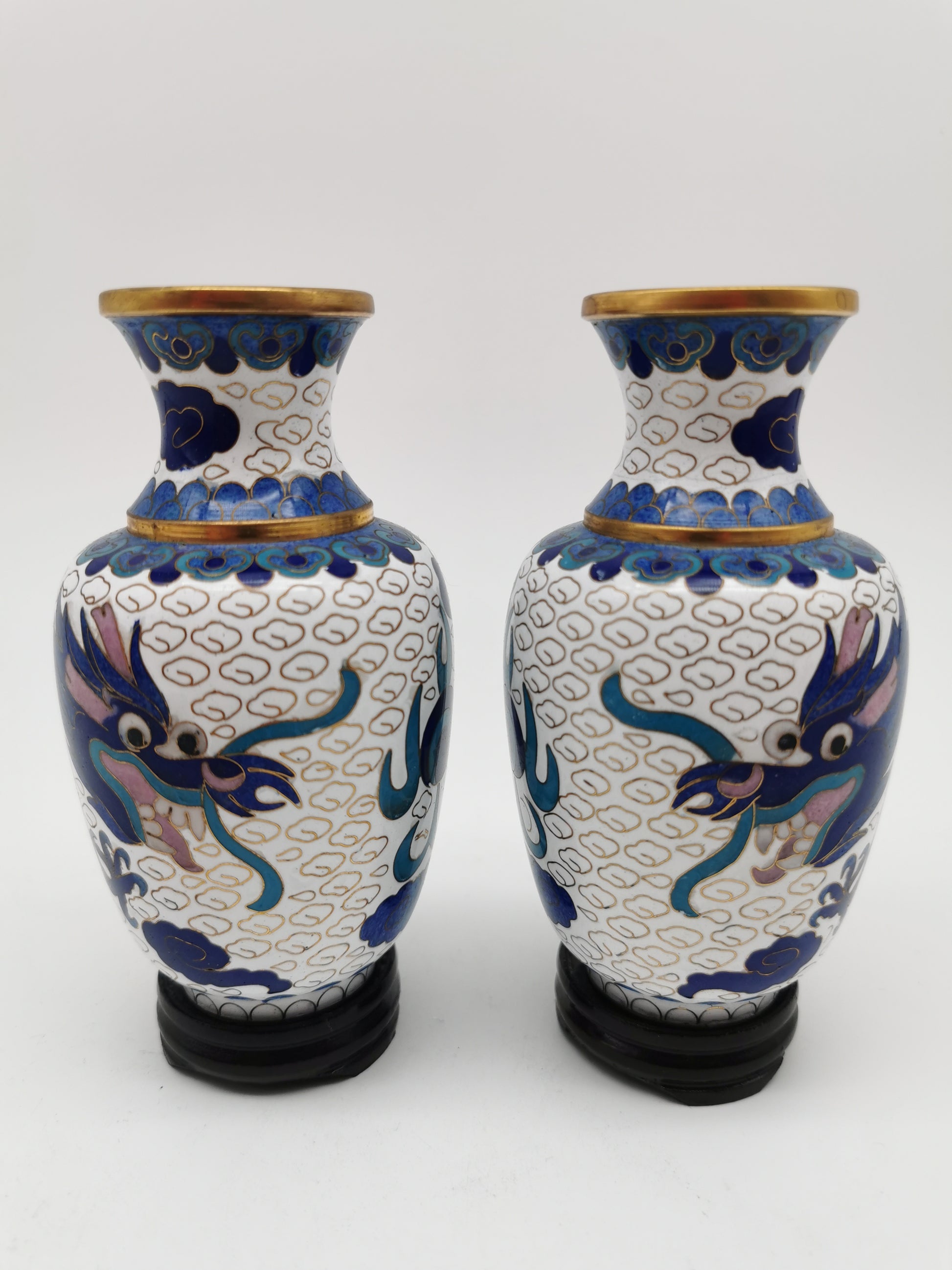 Vintage Pair of Chinese Cloisonné White Ground 5-Clawed Imperial Dragon/ Vases with Wooden Stands - 5.1"