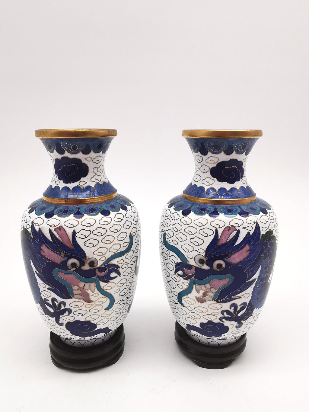 Vintage Pair of Chinese Cloisonné White Ground 5-Clawed Imperial Dragon/ Vases with Wooden Stands - 5.1"