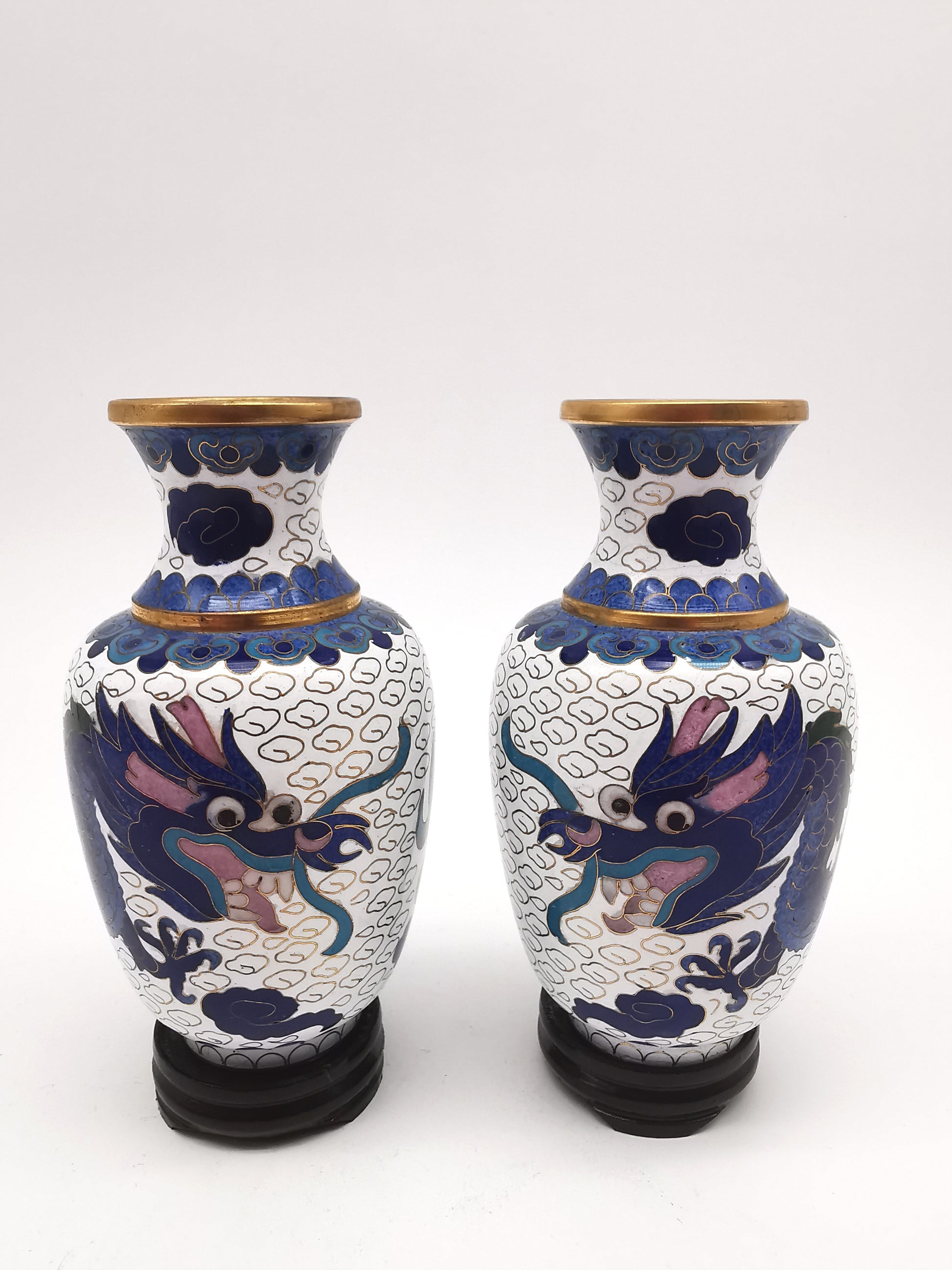 Vintage Pair of Chinese Cloisonné White Ground 5-Clawed Imperial Dragon/ Vases with Wooden Stands - 5.1"