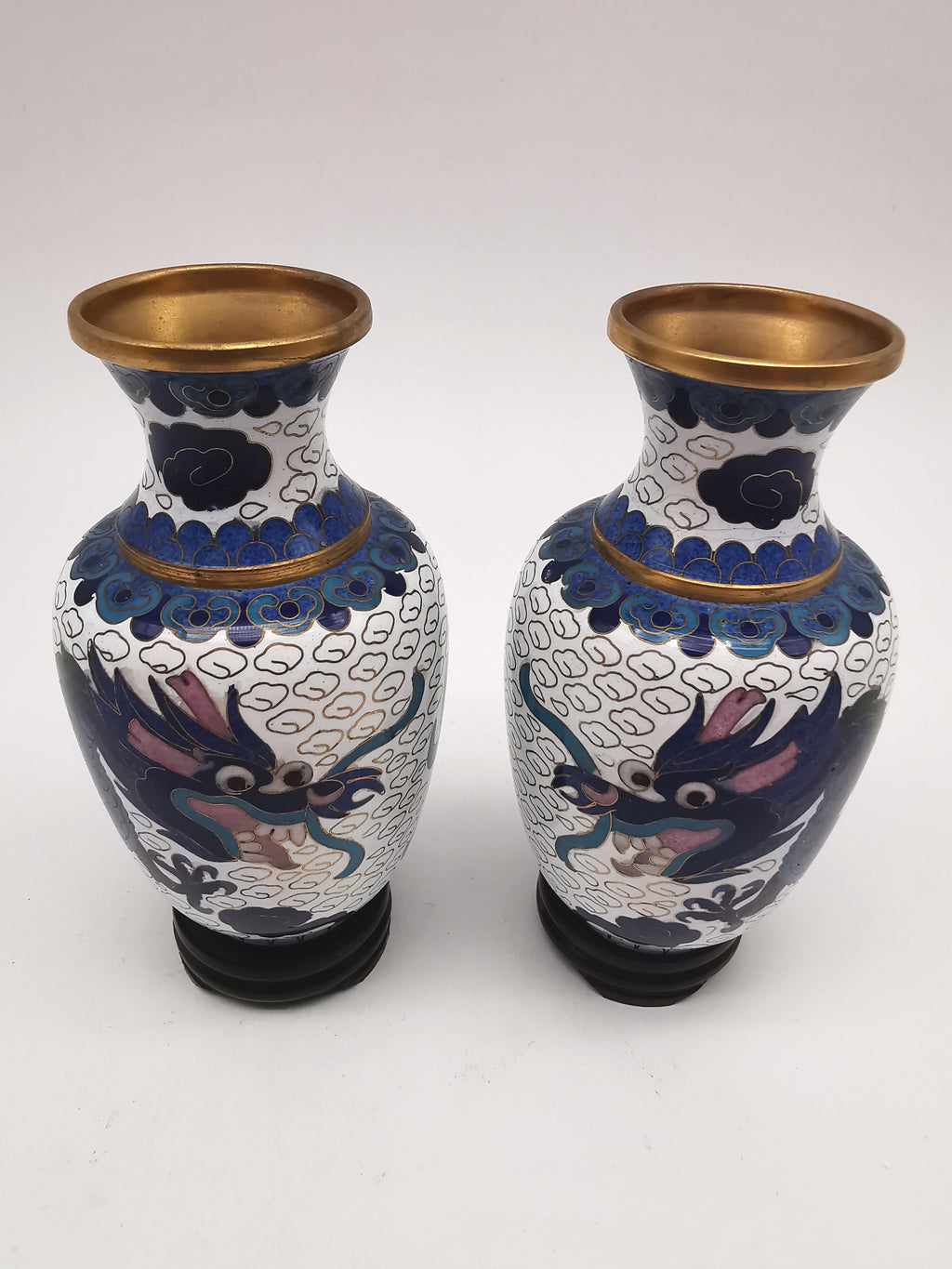 Vintage Pair of Chinese Cloisonné White Ground 5-Clawed Imperial Dragon/ Vases with Wooden Stands - 5.1"