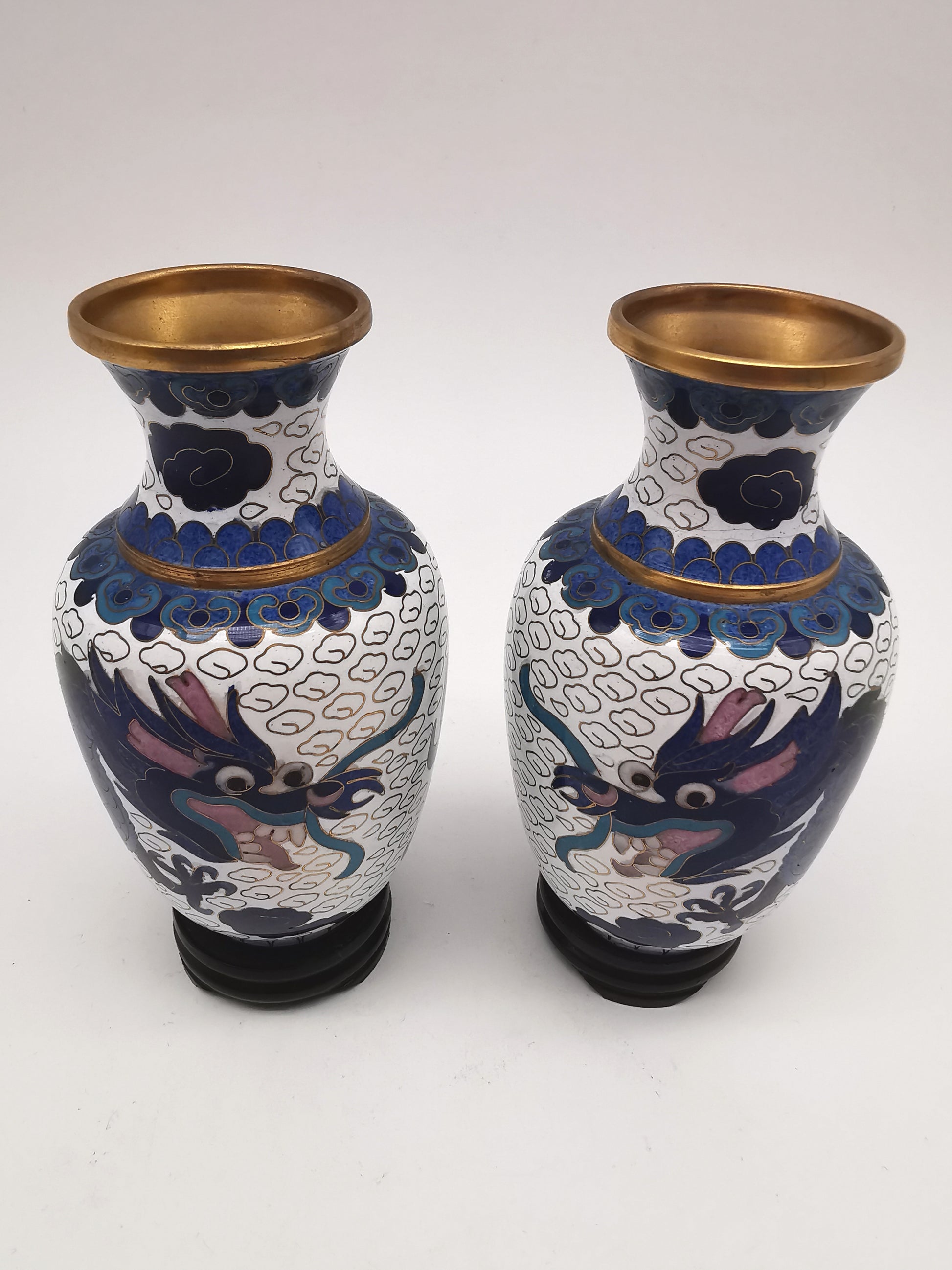 Vintage Pair of Chinese Cloisonné White Ground 5-Clawed Imperial Dragon/ Vases with Wooden Stands - 5.1"