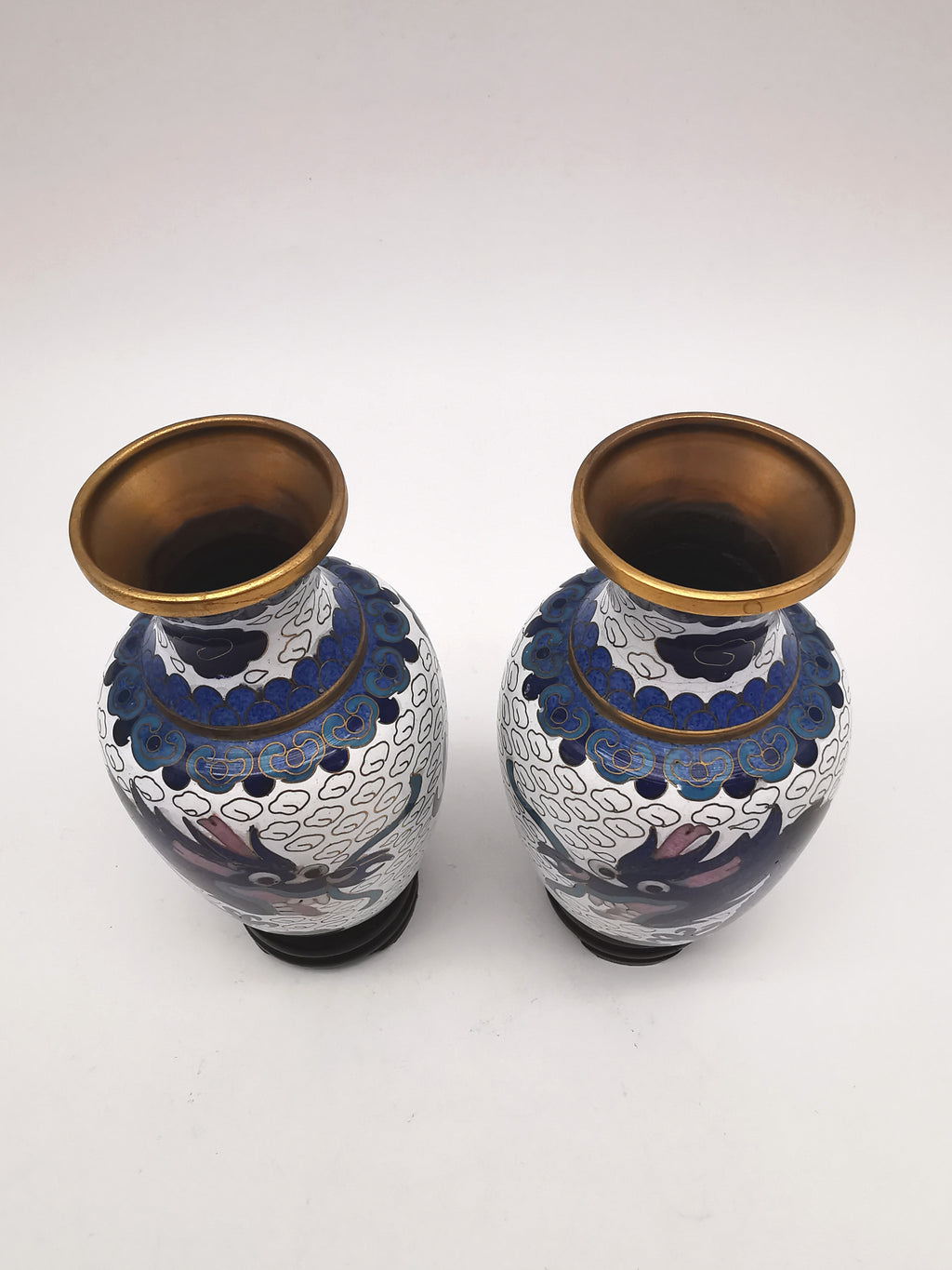 Vintage Pair of Chinese Cloisonné White Ground 5-Clawed Imperial Dragon/ Vases with Wooden Stands - 5.1"