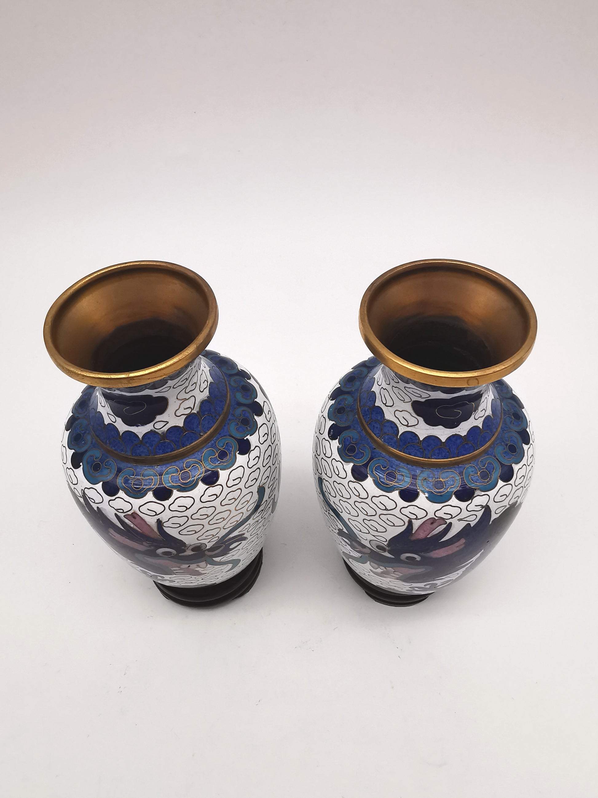Vintage Pair of Chinese Cloisonné White Ground 5-Clawed Imperial Dragon/ Vases with Wooden Stands - 5.1"