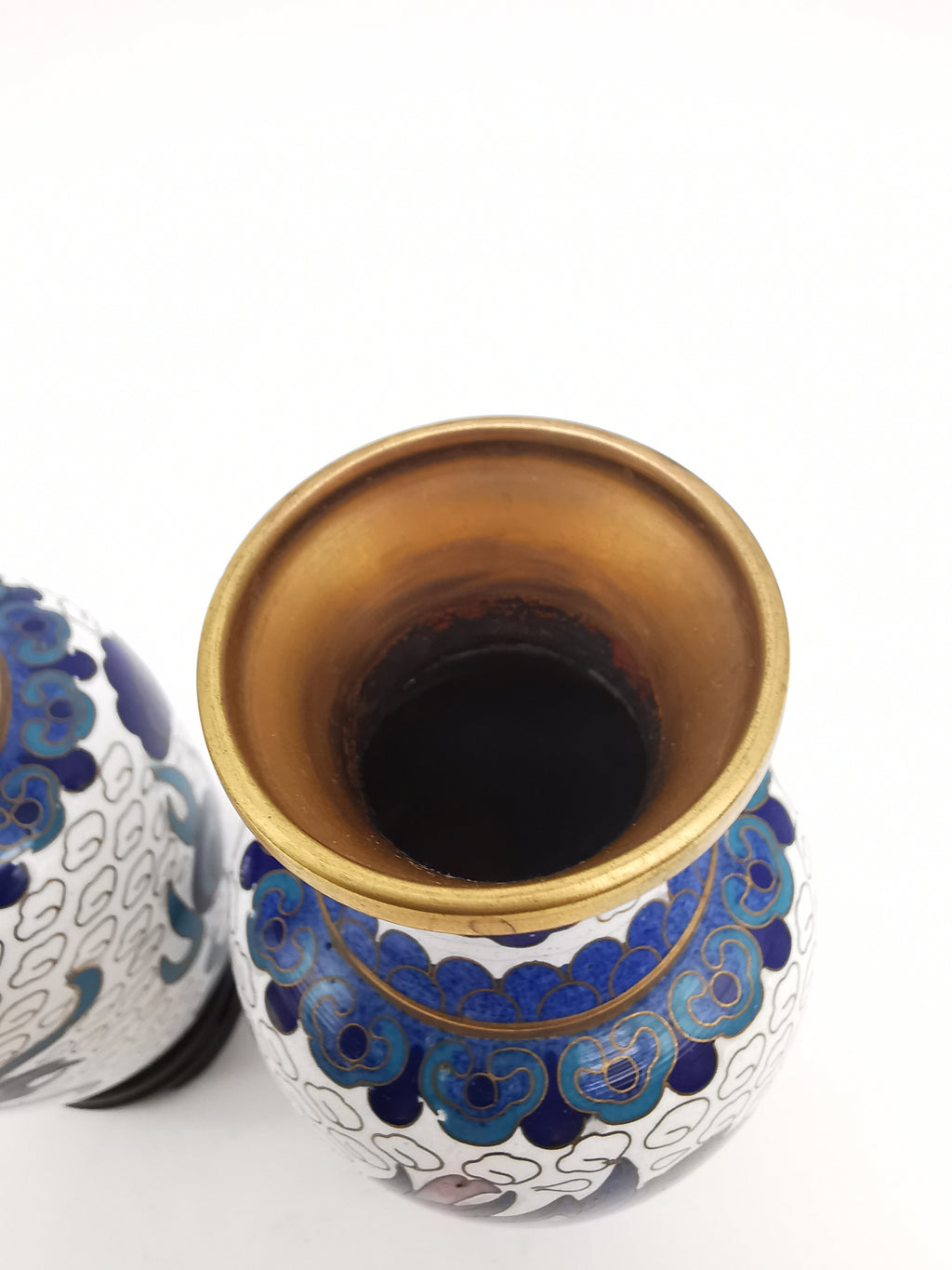 Vintage Pair of Chinese Cloisonné White Ground 5-Clawed Imperial Dragon/ Vases with Wooden Stands - 5.1"