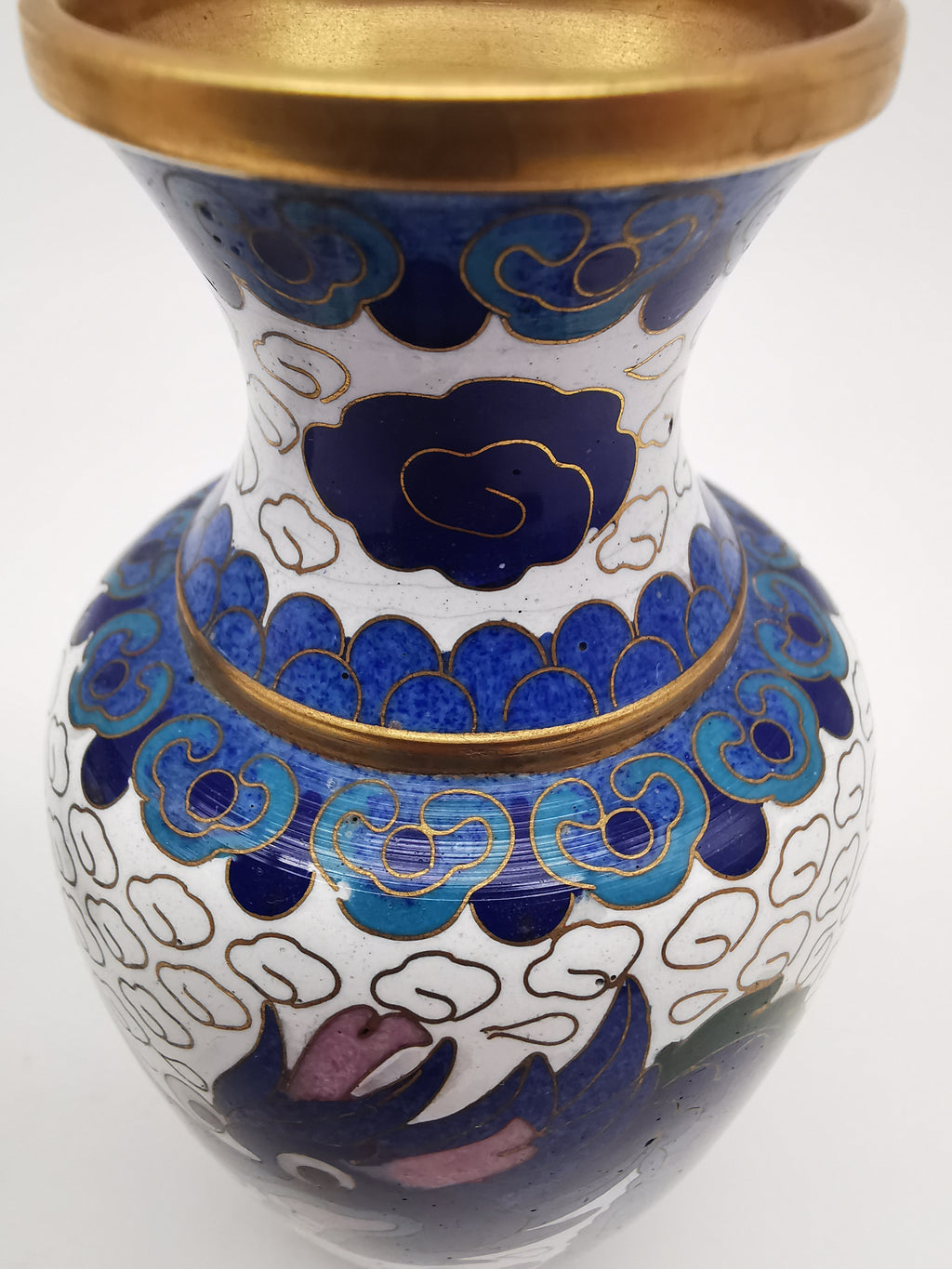 Vintage Pair of Chinese Cloisonné White Ground 5-Clawed Imperial Dragon/ Vases with Wooden Stands - 5.1"