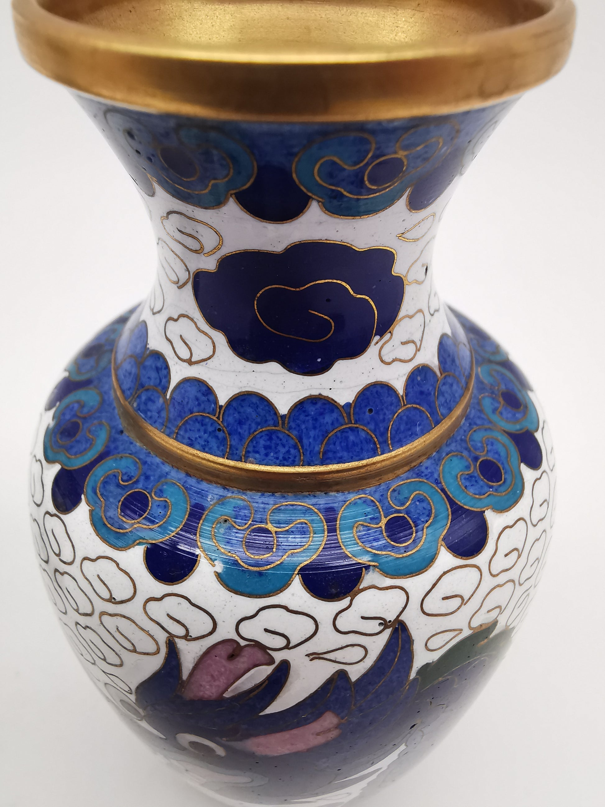 Vintage Pair of Chinese Cloisonné White Ground 5-Clawed Imperial Dragon/ Vases with Wooden Stands - 5.1"