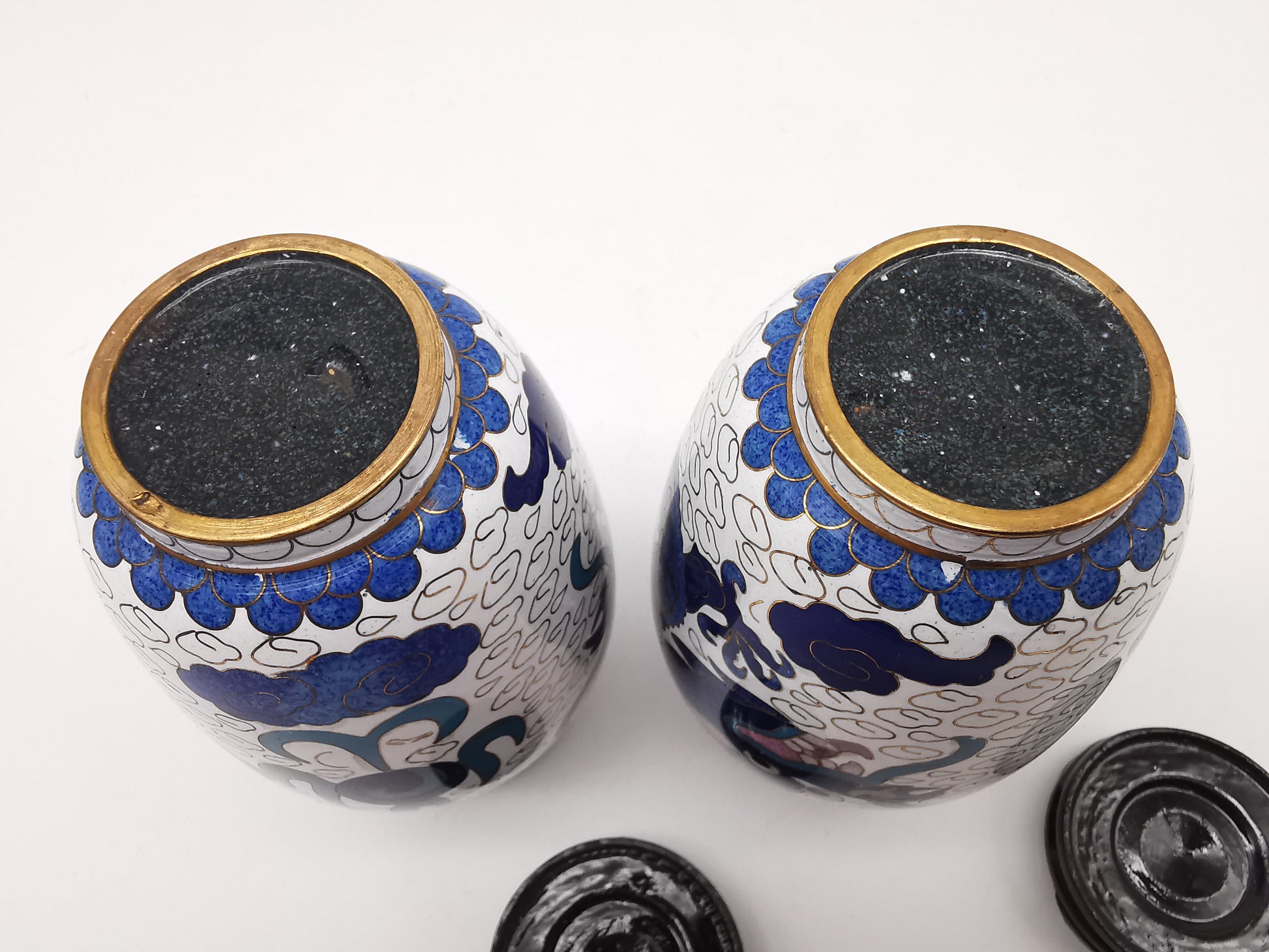 Vintage Pair of Chinese Cloisonné White Ground 5-Clawed Imperial Dragon/ Vases with Wooden Stands - 5.1"