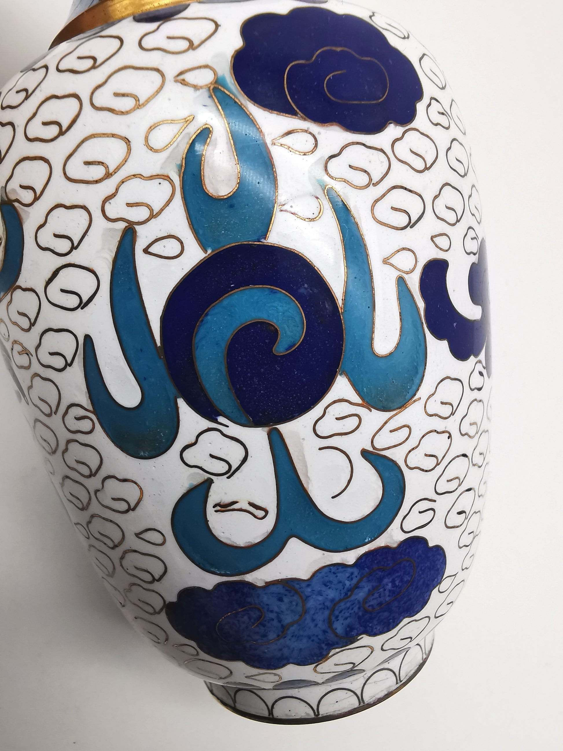 Vintage Pair of Chinese Cloisonné White Ground 5-Clawed Imperial Dragon/ Vases with Wooden Stands - 5.1"