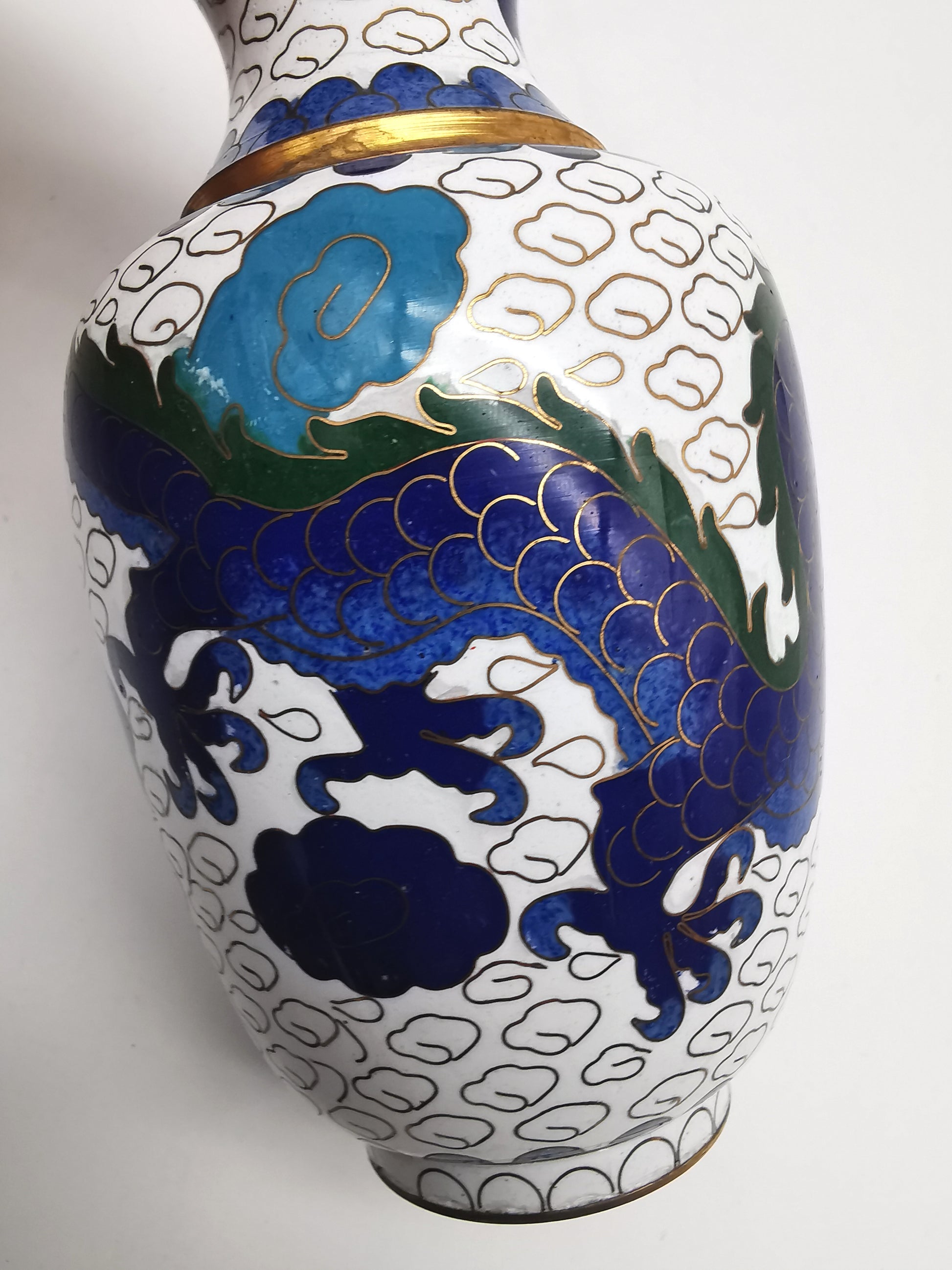 Vintage Pair of Chinese Cloisonné White Ground 5-Clawed Imperial Dragon/ Vases with Wooden Stands - 5.1"