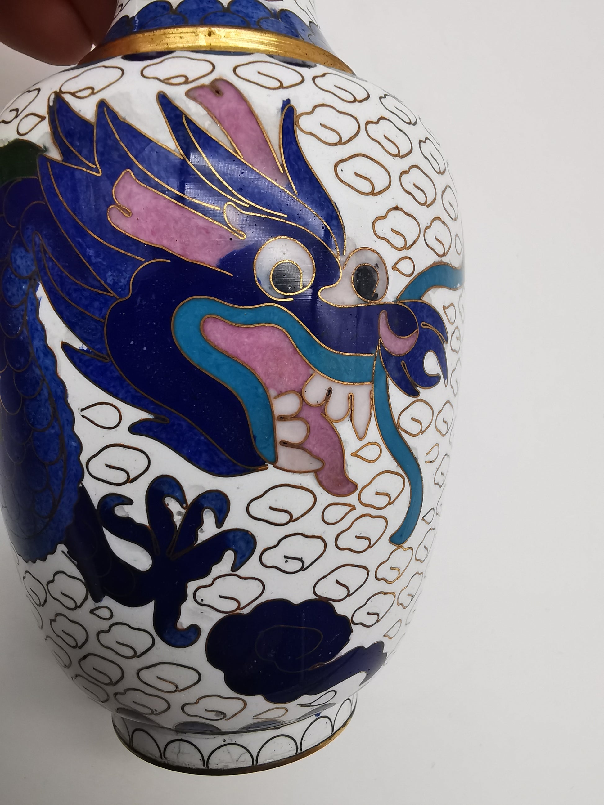 Vintage Pair of Chinese Cloisonné White Ground 5-Clawed Imperial Dragon/ Vases with Wooden Stands - 5.1"