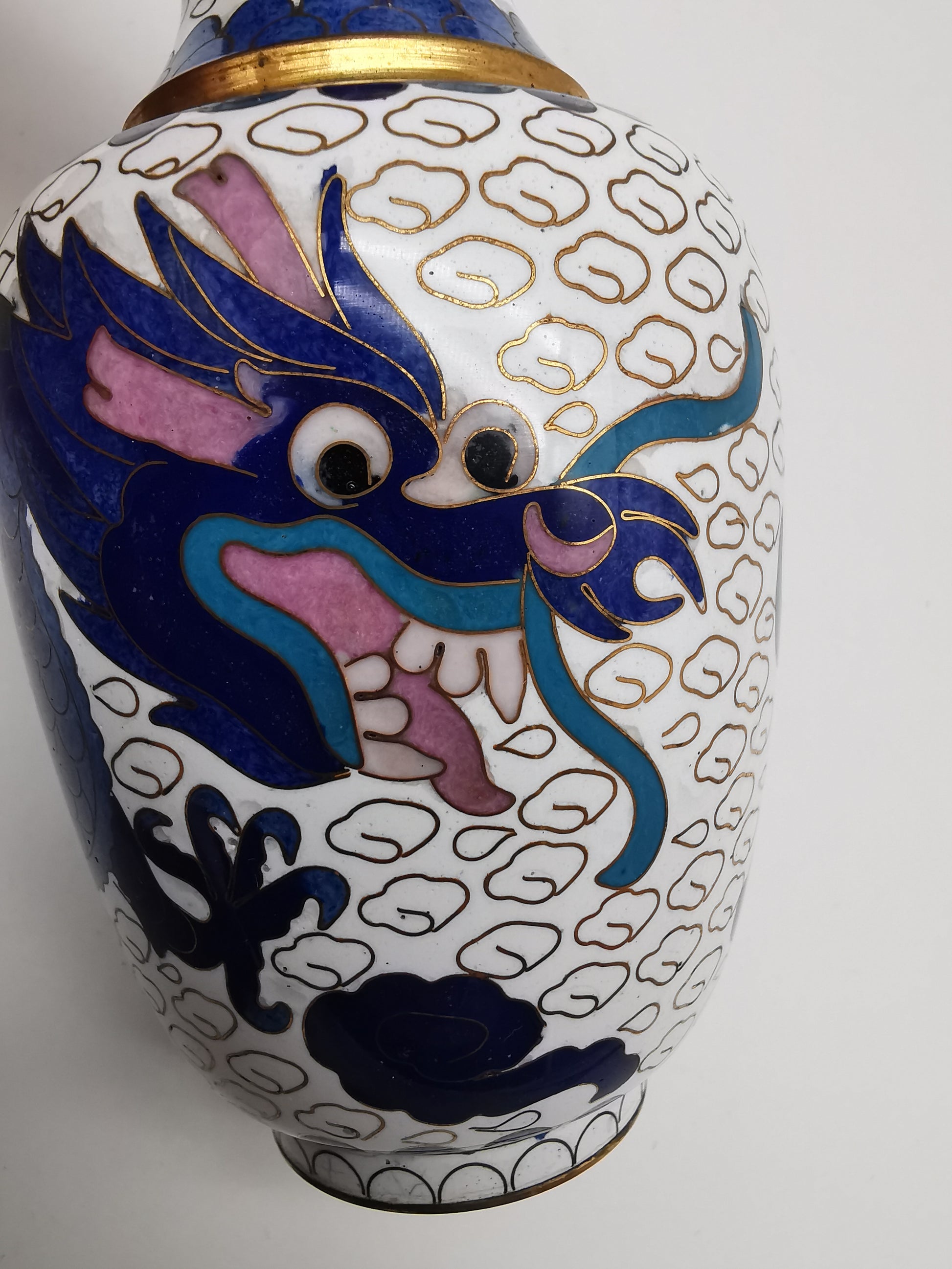 Vintage Pair of Chinese Cloisonné White Ground 5-Clawed Imperial Dragon/ Vases with Wooden Stands - 5.1"