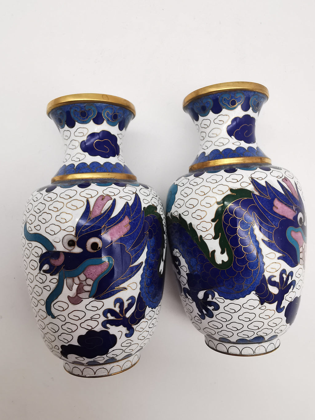 Vintage Pair of Chinese Cloisonné White Ground 5-Clawed Imperial Dragon/ Vases with Wooden Stands - 5.1"