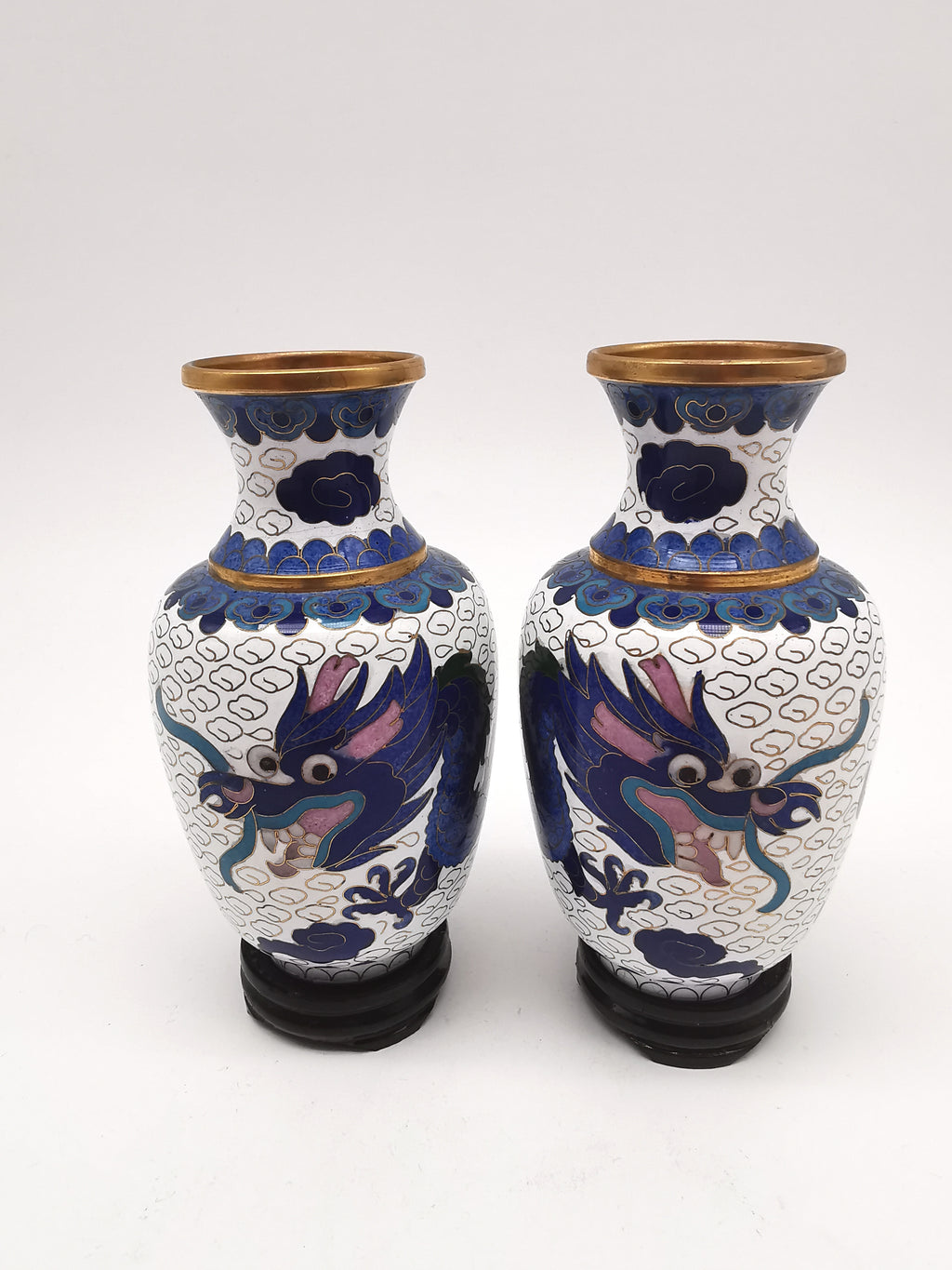 Vintage Pair of Chinese Cloisonné White Ground 5-Clawed Imperial Dragon/ Vases with Wooden Stands - 5.1"