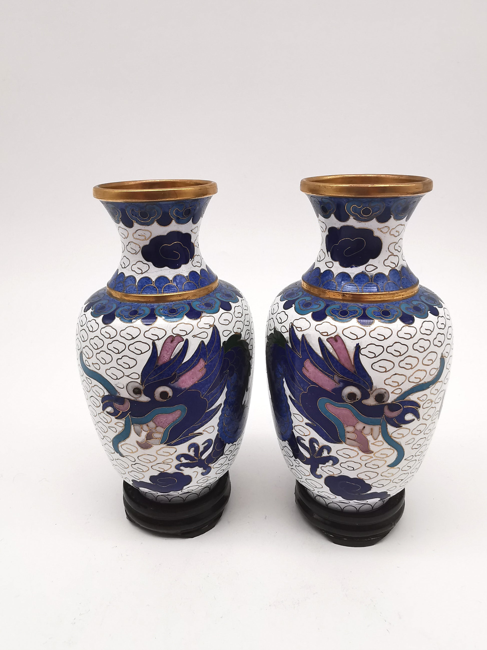 Vintage Pair of Chinese Cloisonné White Ground 5-Clawed Imperial Dragon/ Vases with Wooden Stands - 5.1"