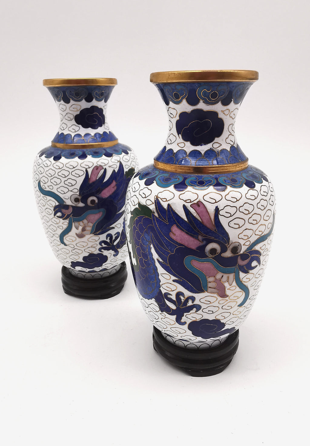 Vintage Pair of Chinese Cloisonné White Ground 5-Clawed Imperial Dragon/ Vases with Wooden Stands - 5.1"