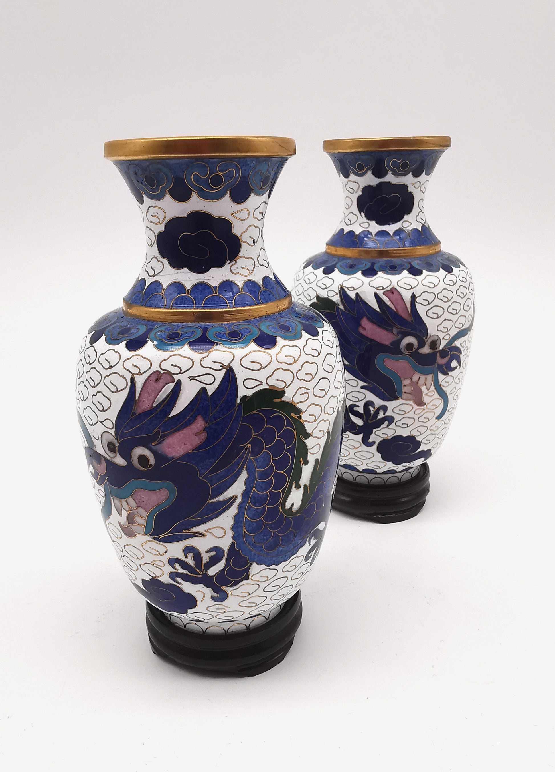Vintage Pair of Chinese Cloisonné White Ground 5-Clawed Imperial Dragon/ Vases with Wooden Stands - 5.1"