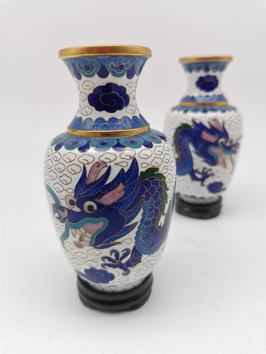 Vintage Pair of Chinese Cloisonné White Ground 5-Clawed Imperial Dragon/ Vases with Wooden Stands - 5.1"