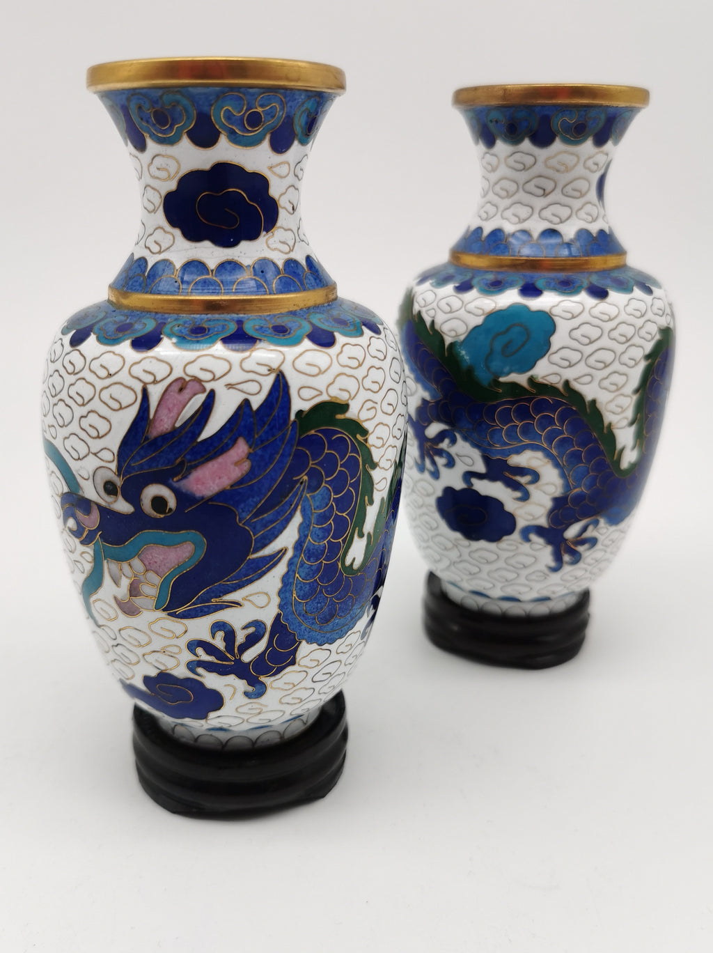 Vintage Pair of Chinese Cloisonné White Ground 5-Clawed Imperial Dragon/ Vases with Wooden Stands - 5.1"
