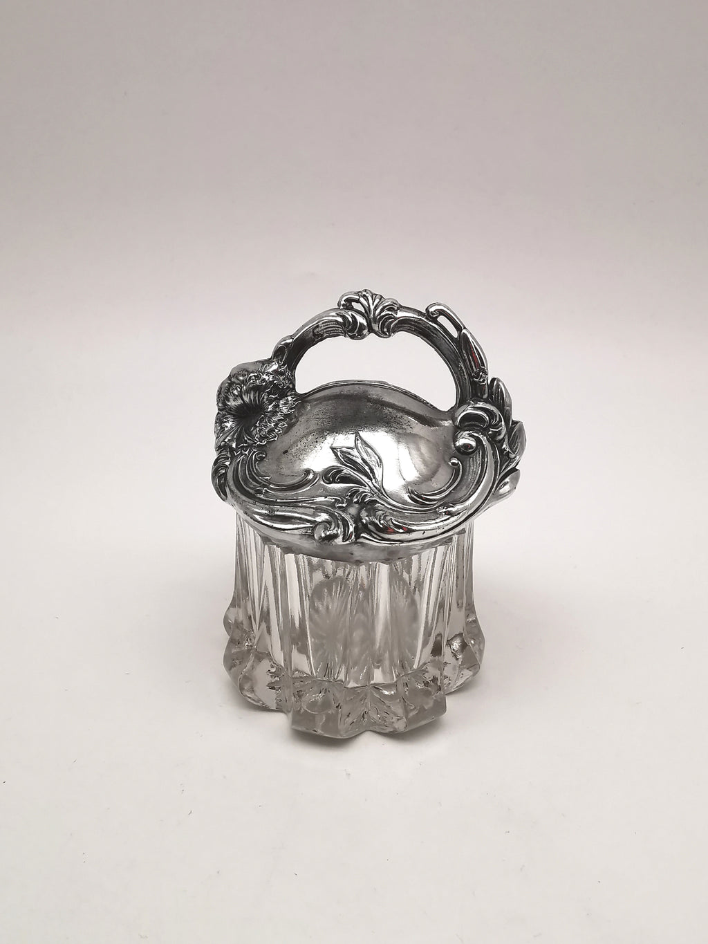 Antique Art Nouveau Silver Plated and Cut Glass Jar, Starburst Base Lidded Pot