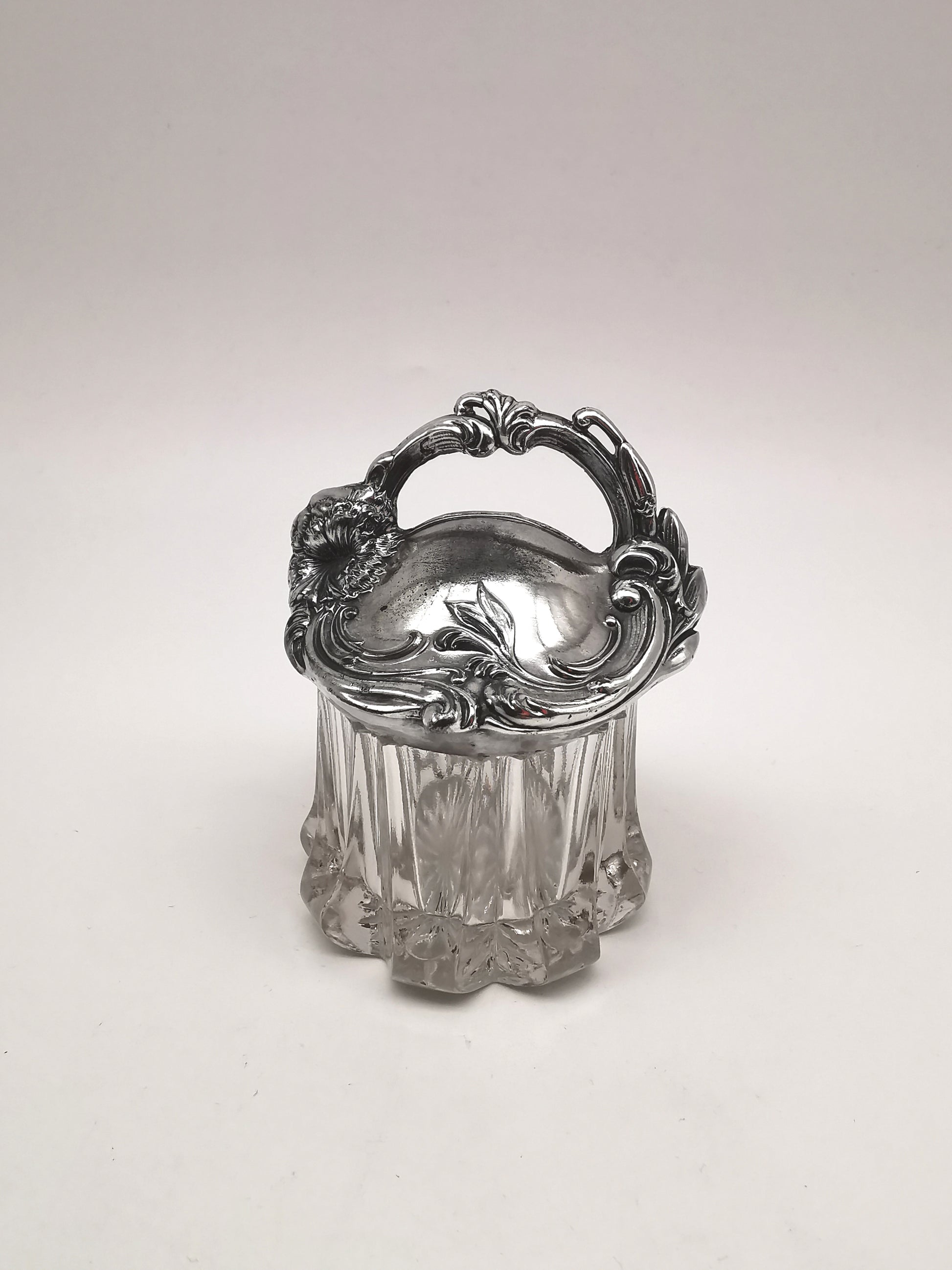 Antique Art Nouveau Silver Plated and Cut Glass Jar, Starburst Base Lidded Pot