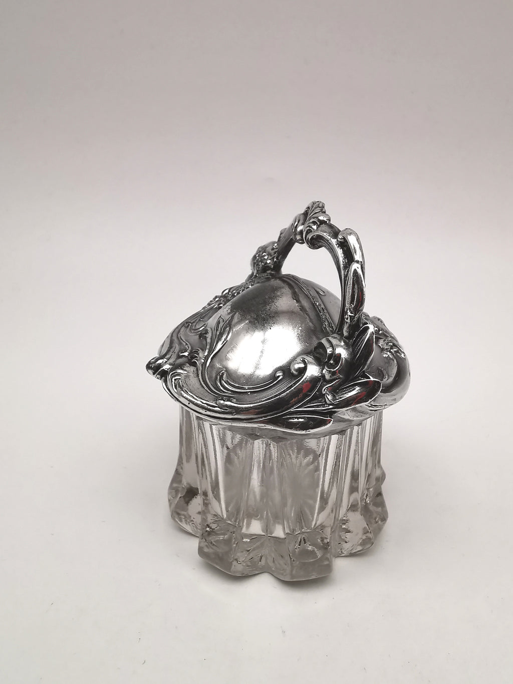 Antique Art Nouveau Silver Plated and Cut Glass Jar, Starburst Base Lidded Pot