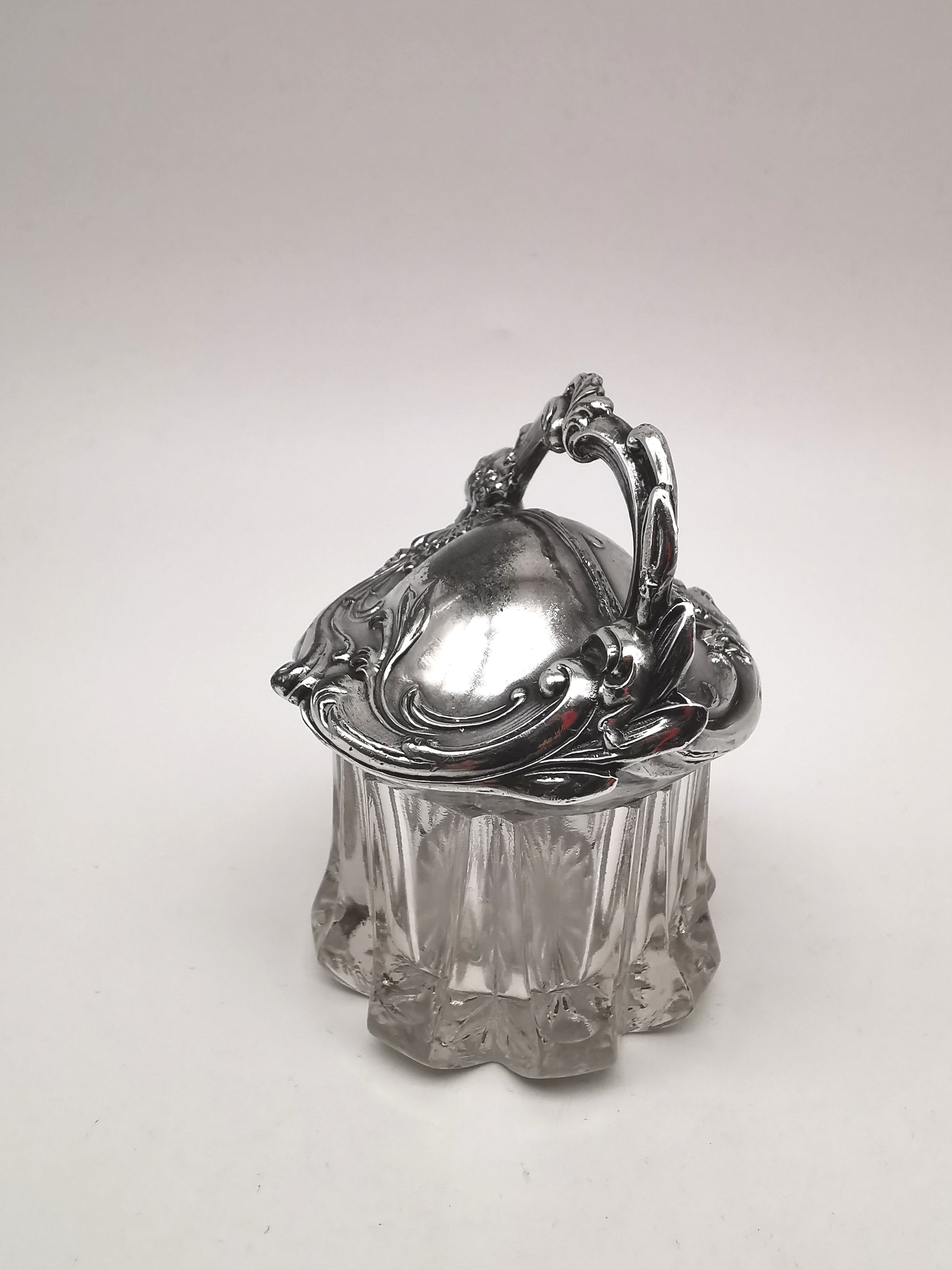Antique Art Nouveau Silver Plated and Cut Glass Jar, Starburst Base Lidded Pot