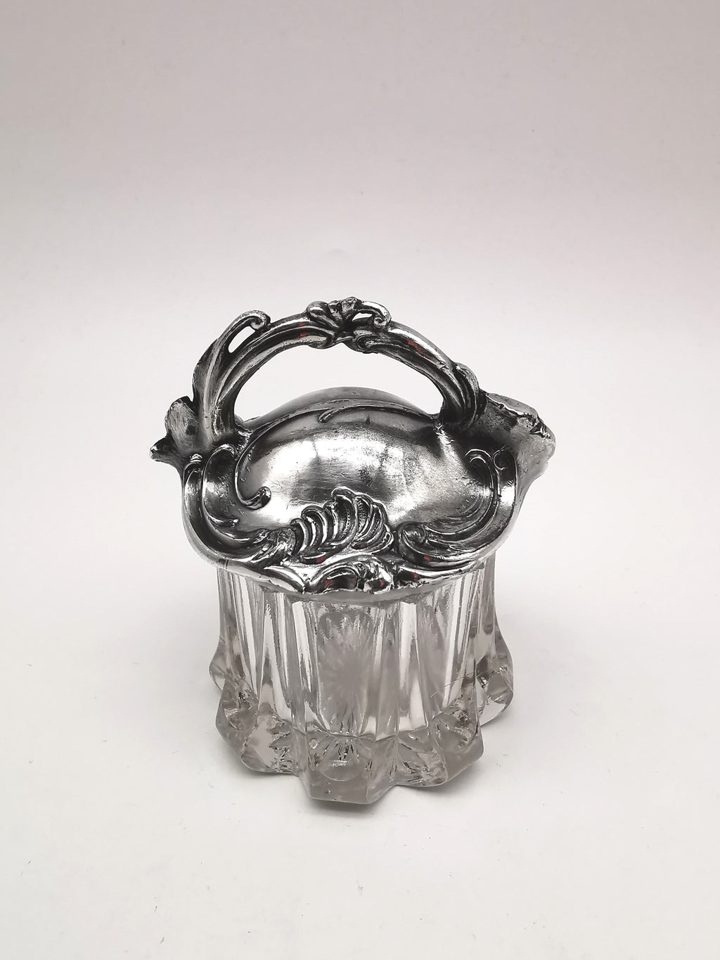 Antique Art Nouveau Silver Plated and Cut Glass Jar, Starburst Base Lidded Pot