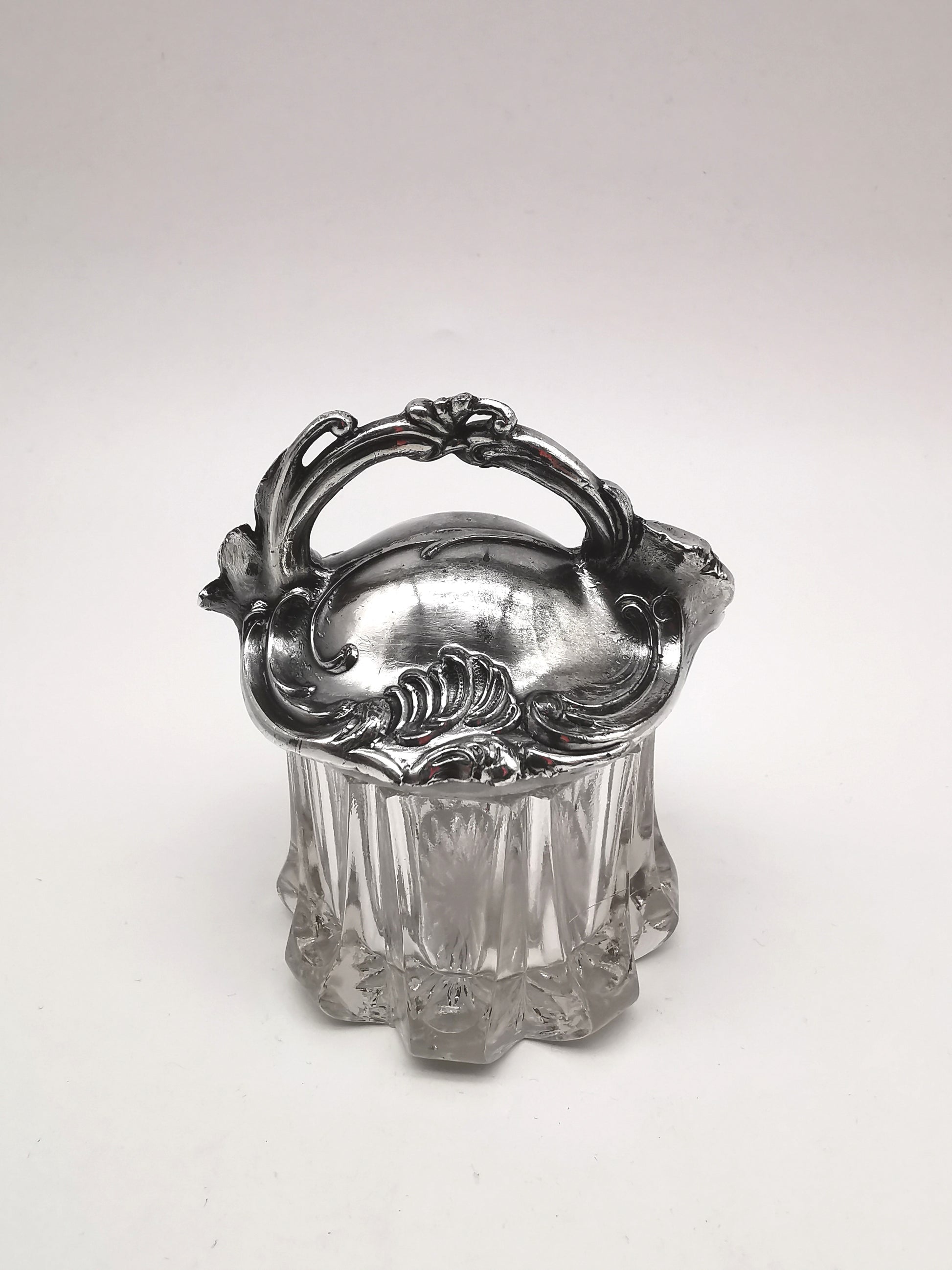 Antique Art Nouveau Silver Plated and Cut Glass Jar, Starburst Base Lidded Pot