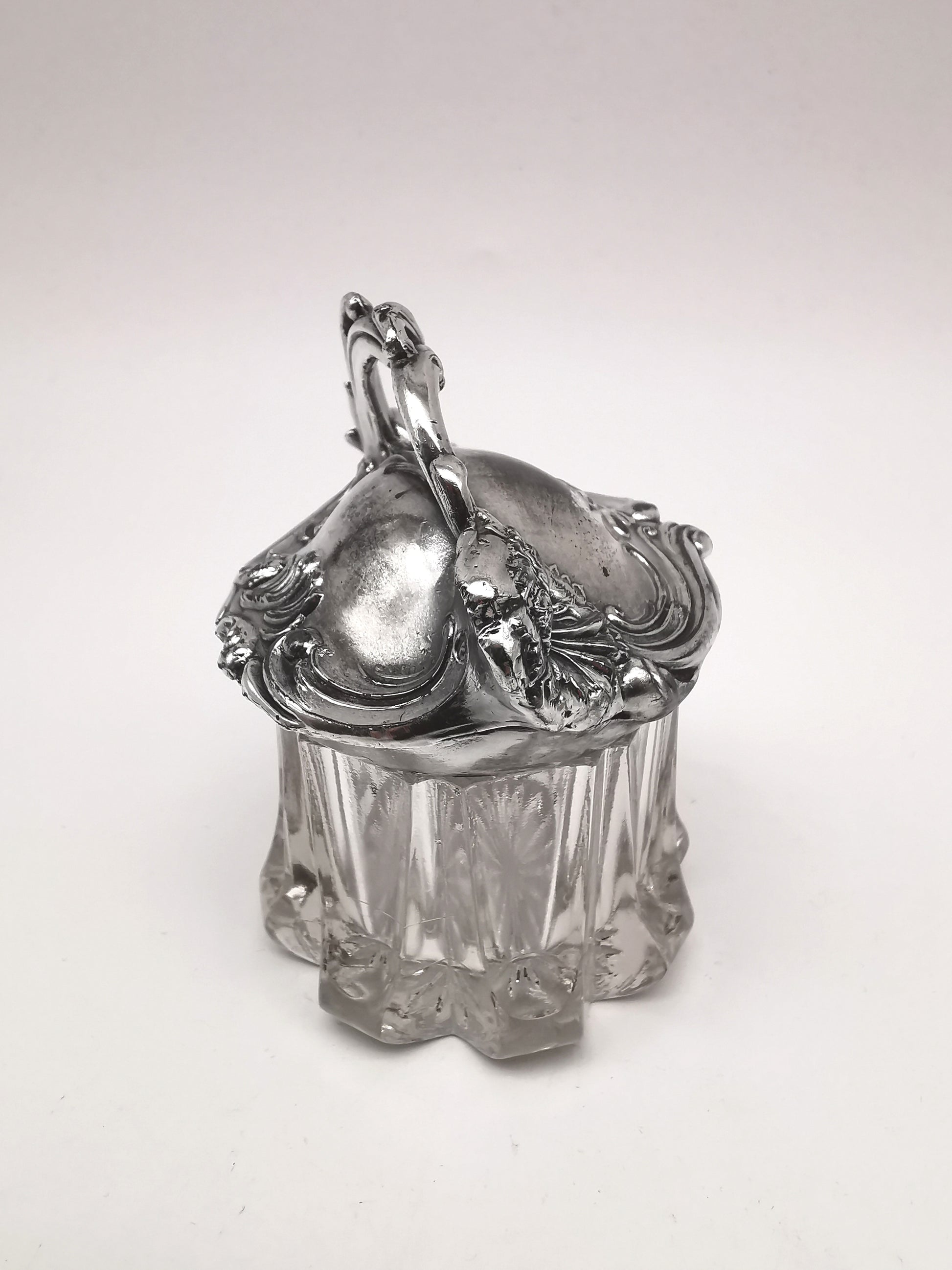 Antique Art Nouveau Silver Plated and Cut Glass Jar, Starburst Base Lidded Pot