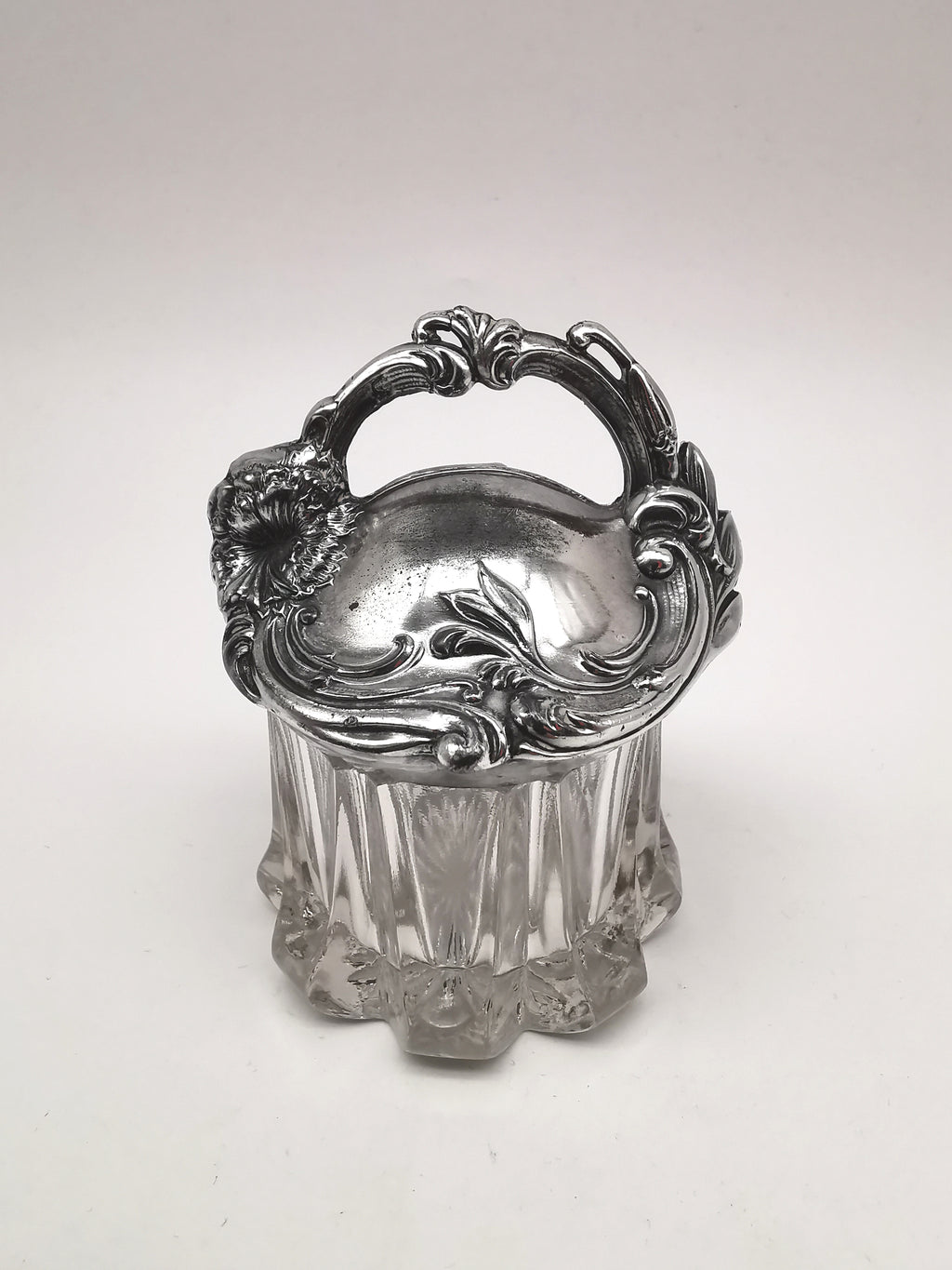 Antique Art Nouveau Silver Plated and Cut Glass Jar, Starburst Base Lidded Pot
