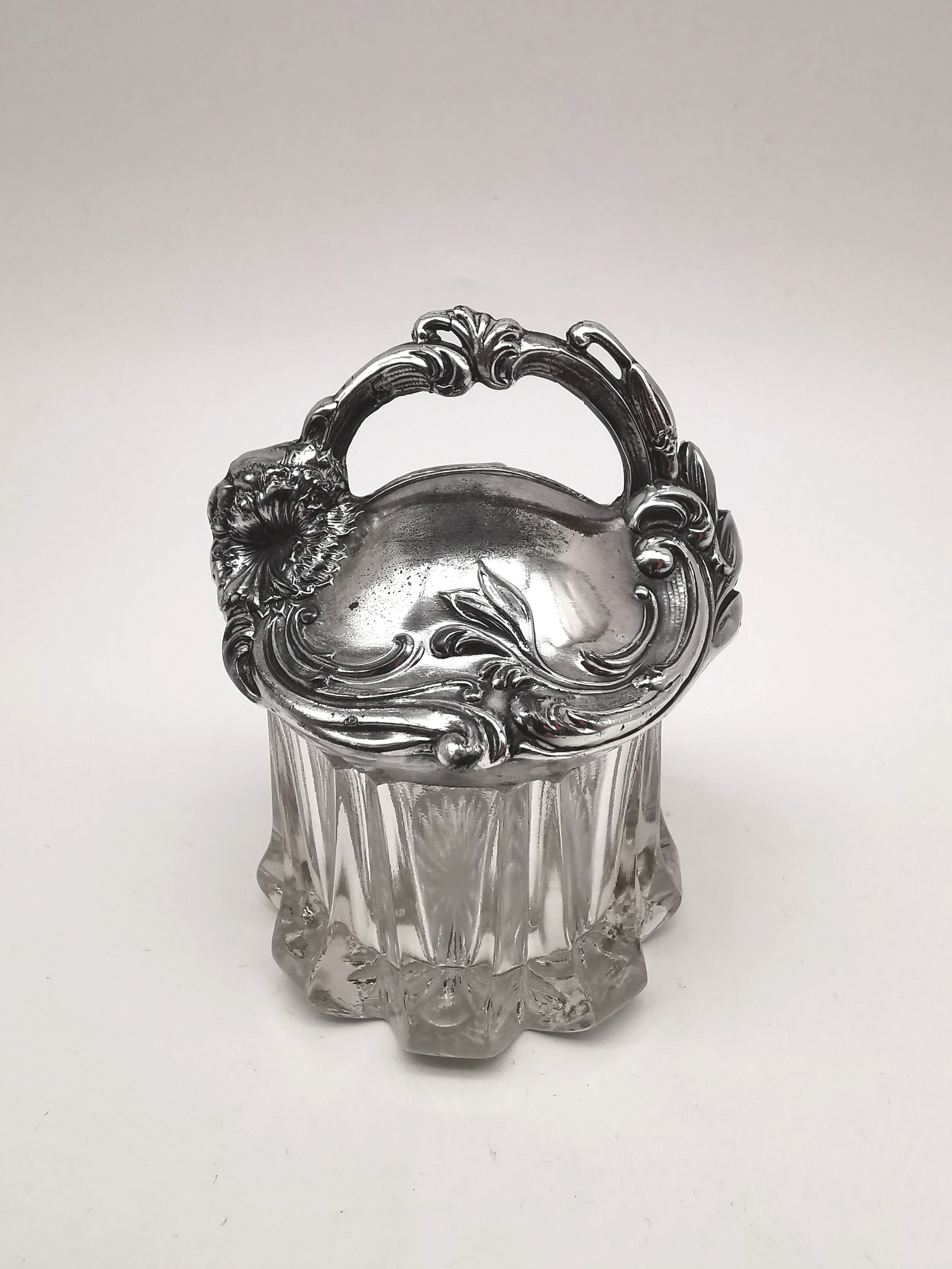 Antique Art Nouveau Silver Plated and Cut Glass Jar, Starburst Base Lidded Pot
