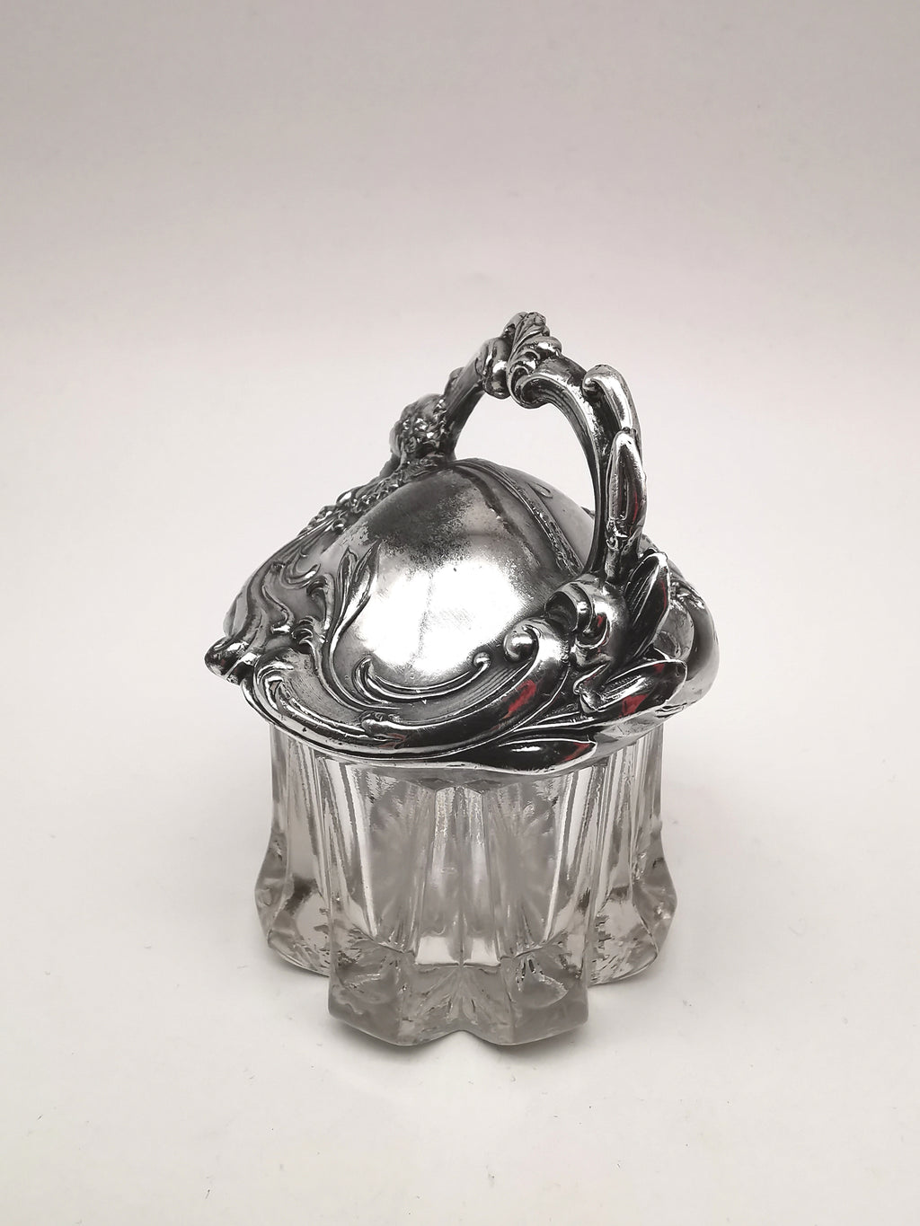 Antique Art Nouveau Silver Plated and Cut Glass Jar, Starburst Base Lidded Pot