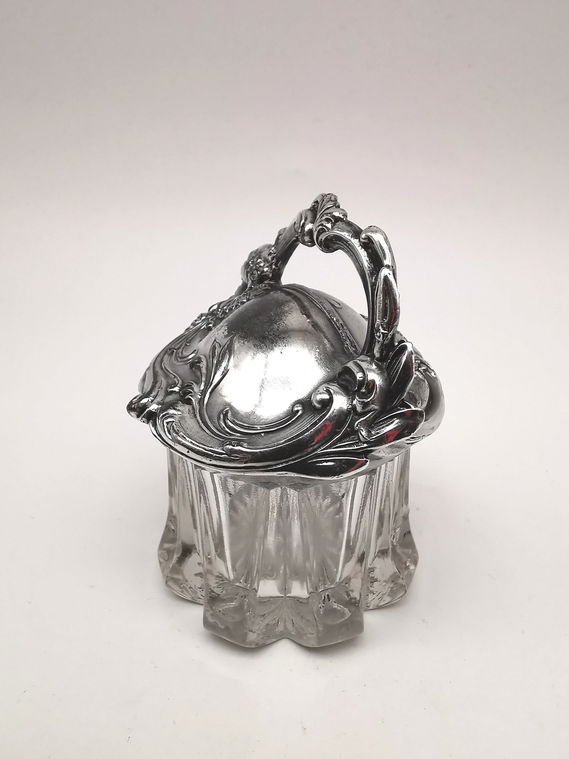Antique Art Nouveau Silver Plated and Cut Glass Jar, Starburst Base Lidded Pot