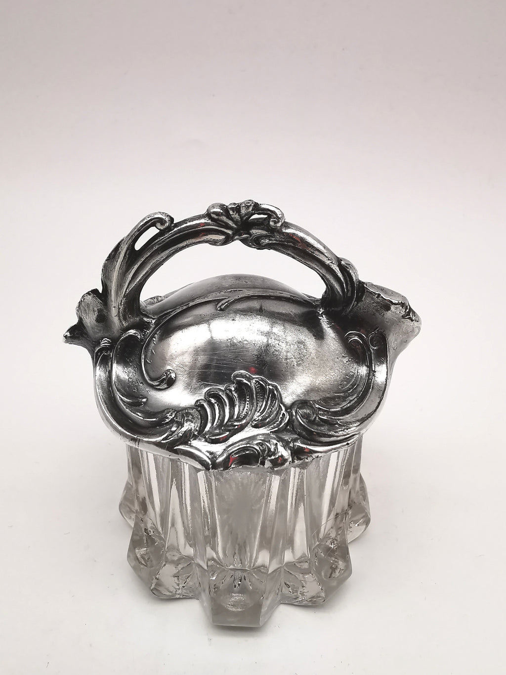 Antique Art Nouveau Silver Plated and Cut Glass Jar, Starburst Base Lidded Pot