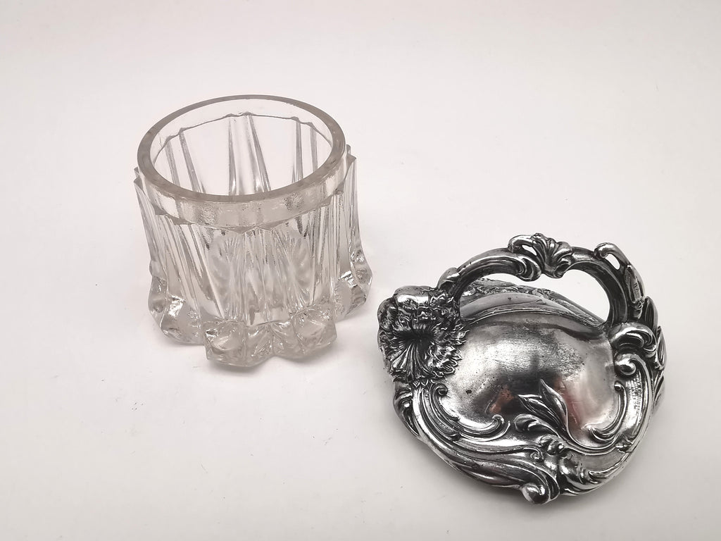 Antique Art Nouveau Silver Plated and Cut Glass Jar, Starburst Base Lidded Pot
