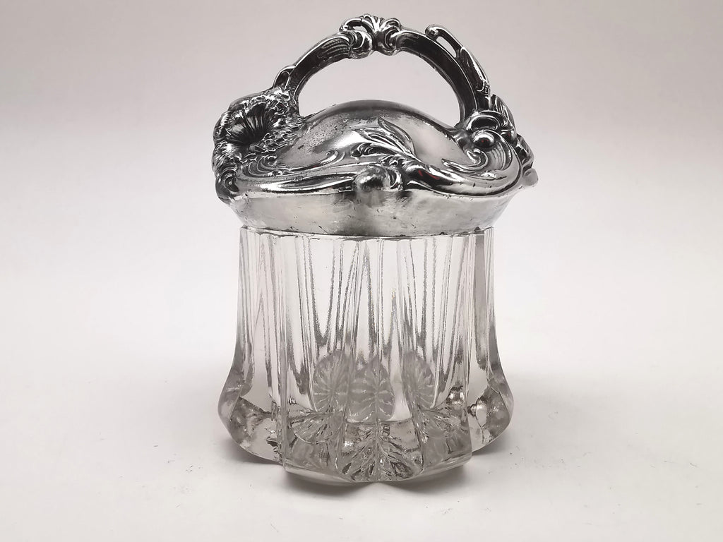 Antique Art Nouveau Silver Plated and Cut Glass Jar, Starburst Base Lidded Pot