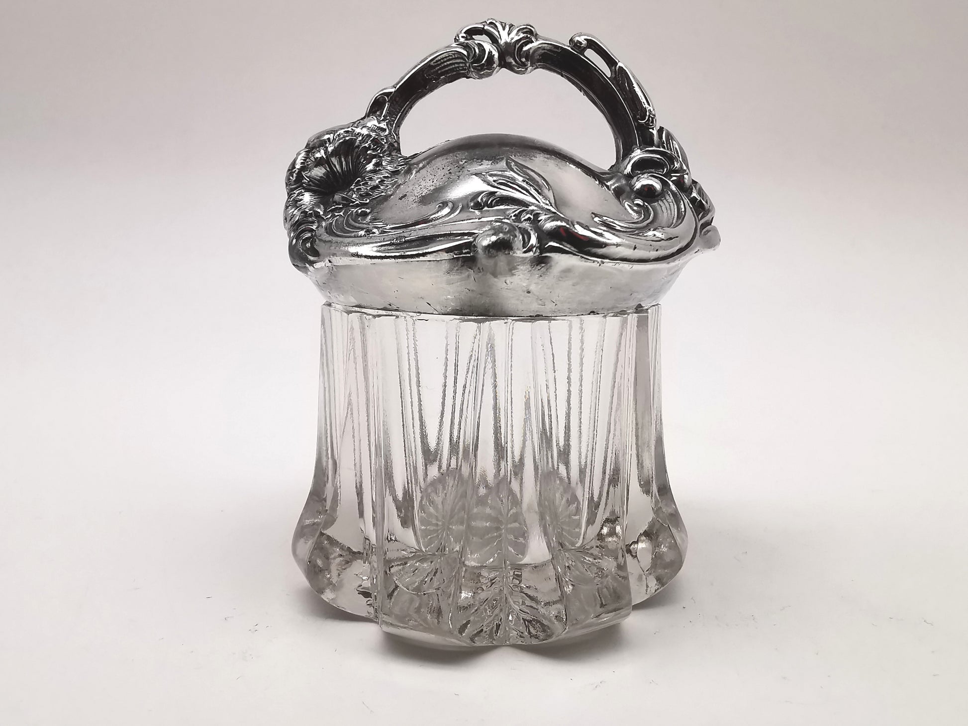 Antique Art Nouveau Silver Plated and Cut Glass Jar, Starburst Base Lidded Pot