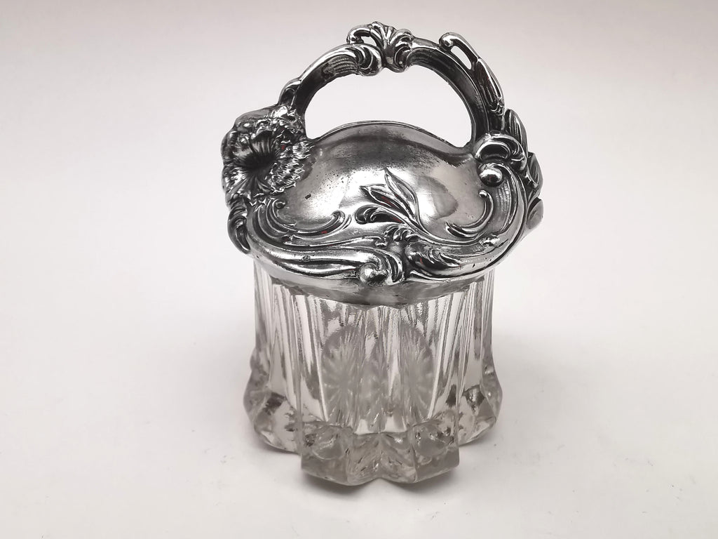 Antique Art Nouveau Silver Plated and Cut Glass Jar, Starburst Base Lidded Pot