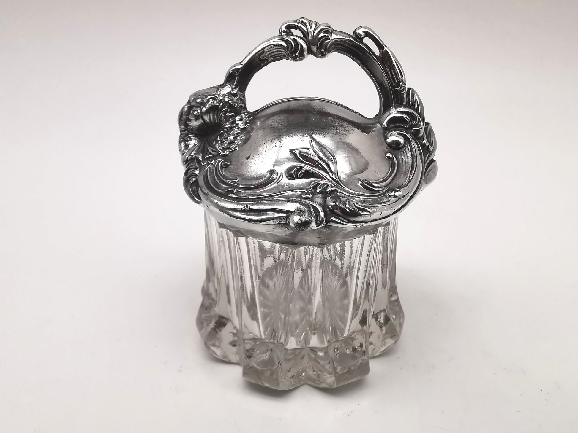 Antique Art Nouveau Silver Plated and Cut Glass Jar, Starburst Base Lidded Pot