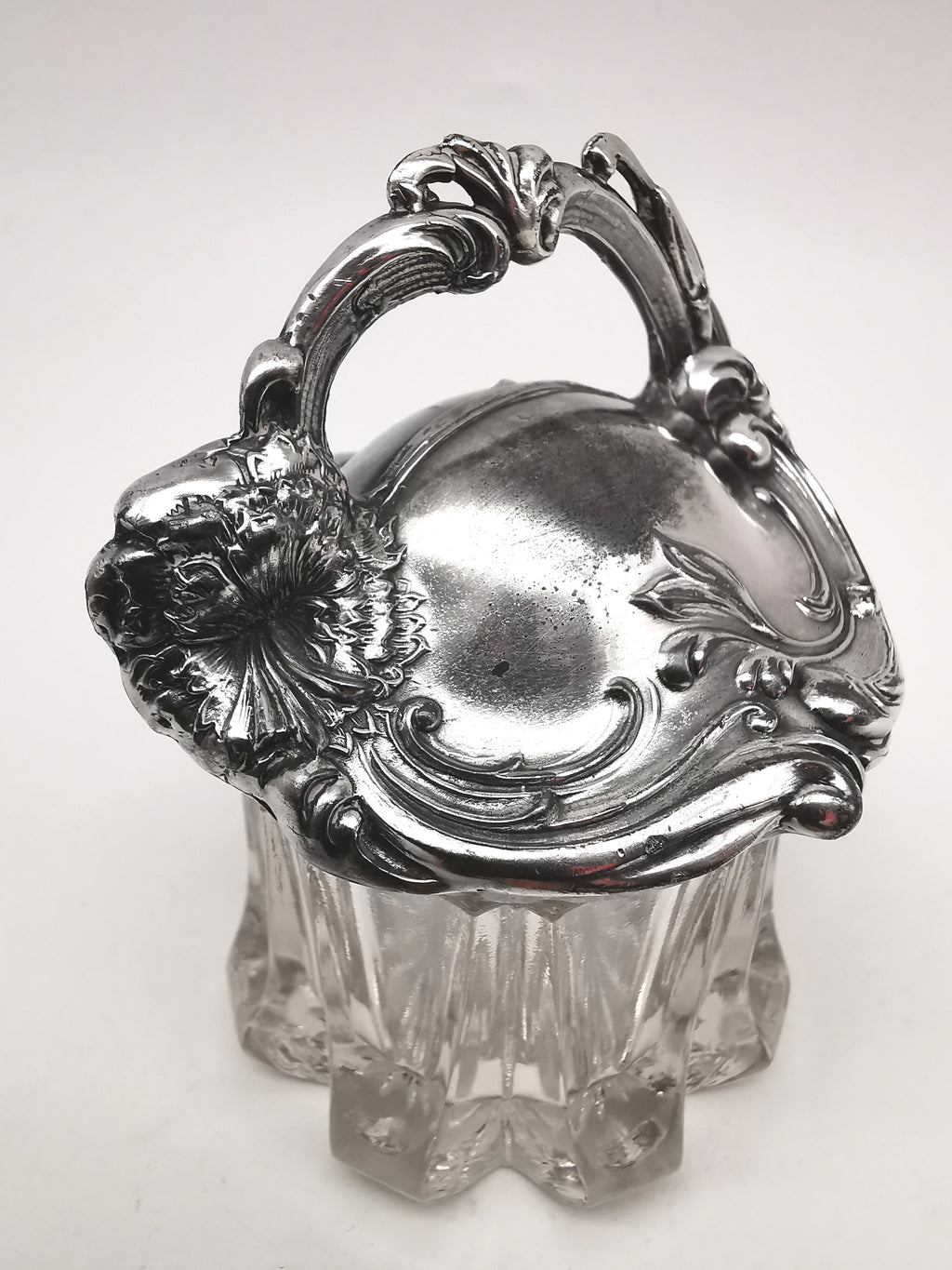 Antique Art Nouveau Silver Plated and Cut Glass Jar, Starburst Base Lidded Pot