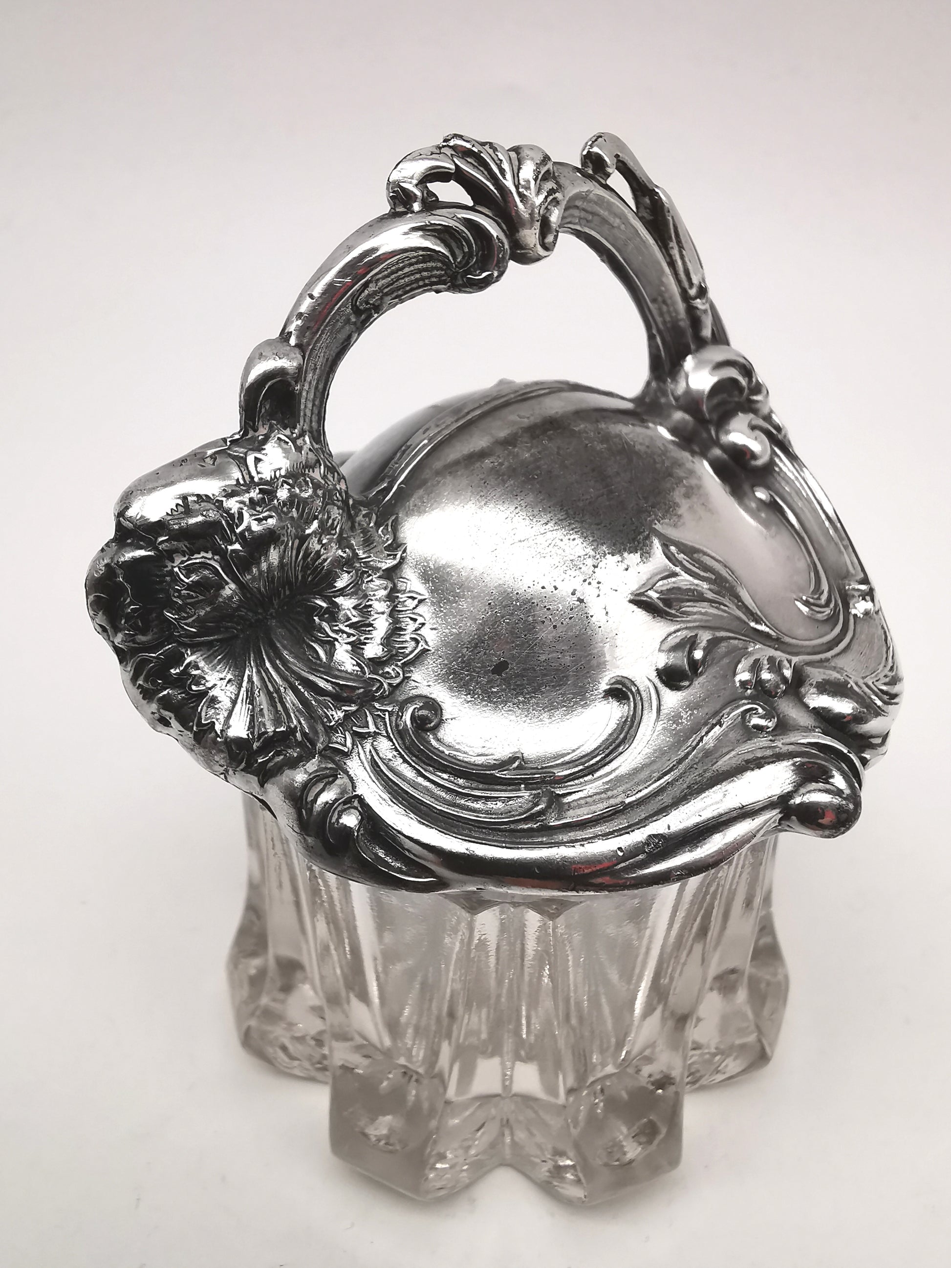 Antique Art Nouveau Silver Plated and Cut Glass Jar, Starburst Base Lidded Pot