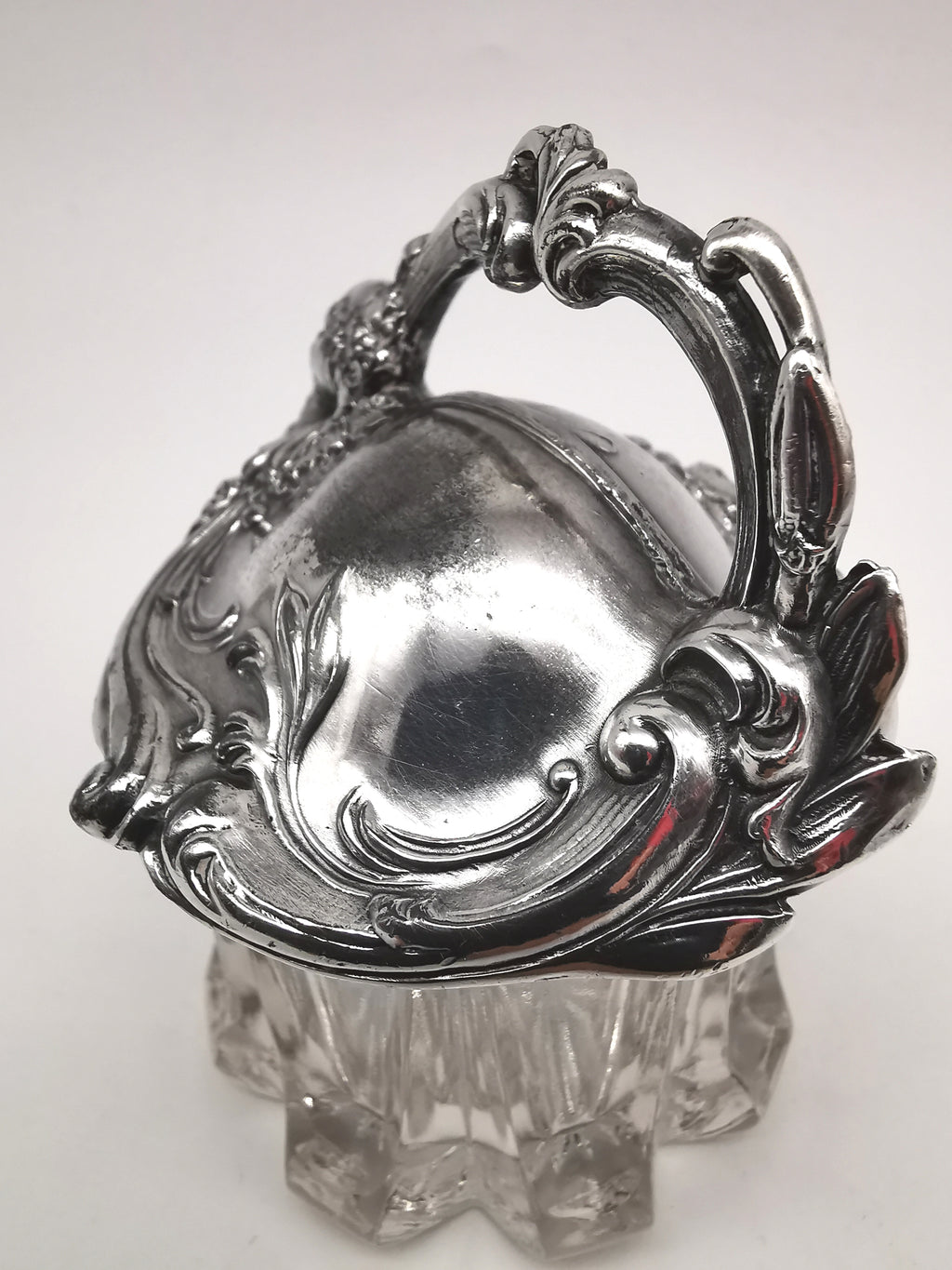 Antique Art Nouveau Silver Plated and Cut Glass Jar, Starburst Base Lidded Pot